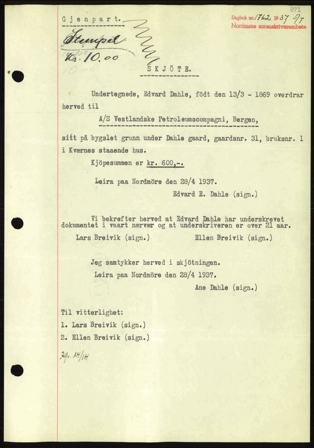 Nordmøre sorenskriveri, SAT/A-4132/1/2/2Ca: Pantebok nr. A81, 1937-1937, Dagboknr: 1762/1937