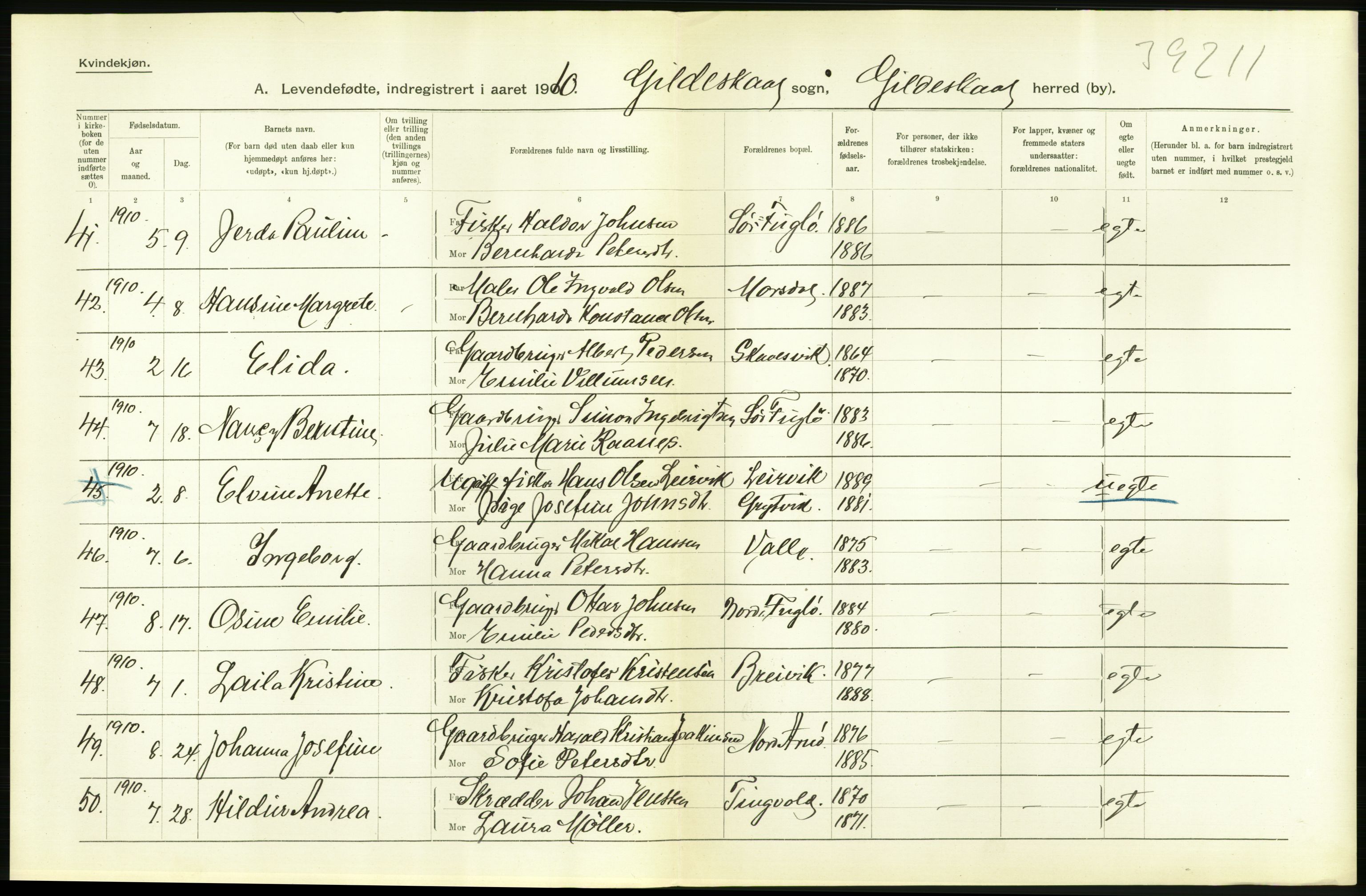 Statistisk sentralbyrå, Sosiodemografiske emner, Befolkning, AV/RA-S-2228/D/Df/Dfa/Dfah/L0040: Nordlands amt: Levendefødte menn og kvinner. Bygder., 1910, s. 16