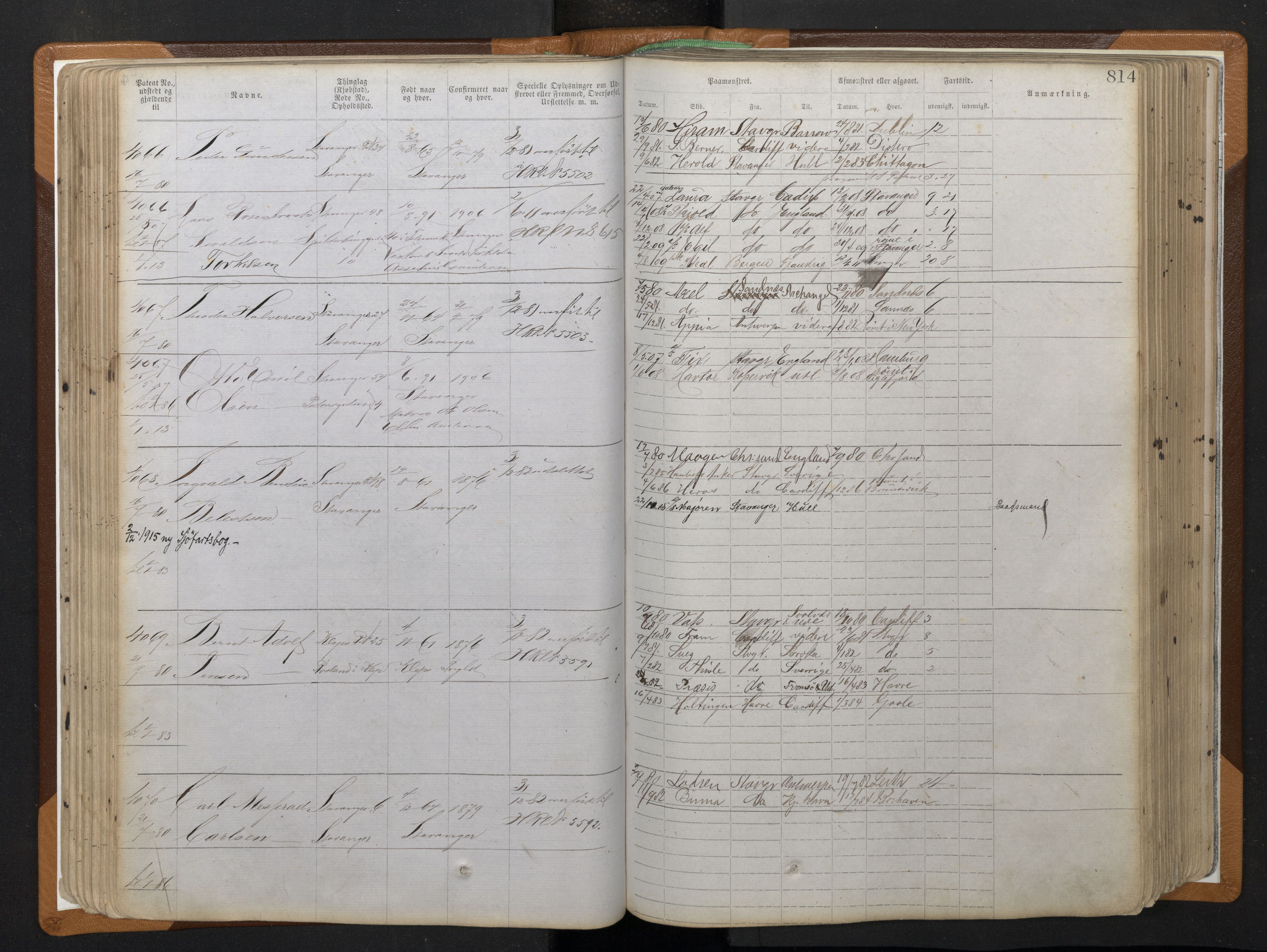 Stavanger sjømannskontor, AV/SAST-A-102006/F/Ff/L0010: Annotasjonsrulle, patentnr. 3605-5225 (dublett), 1878-1900, s. 96