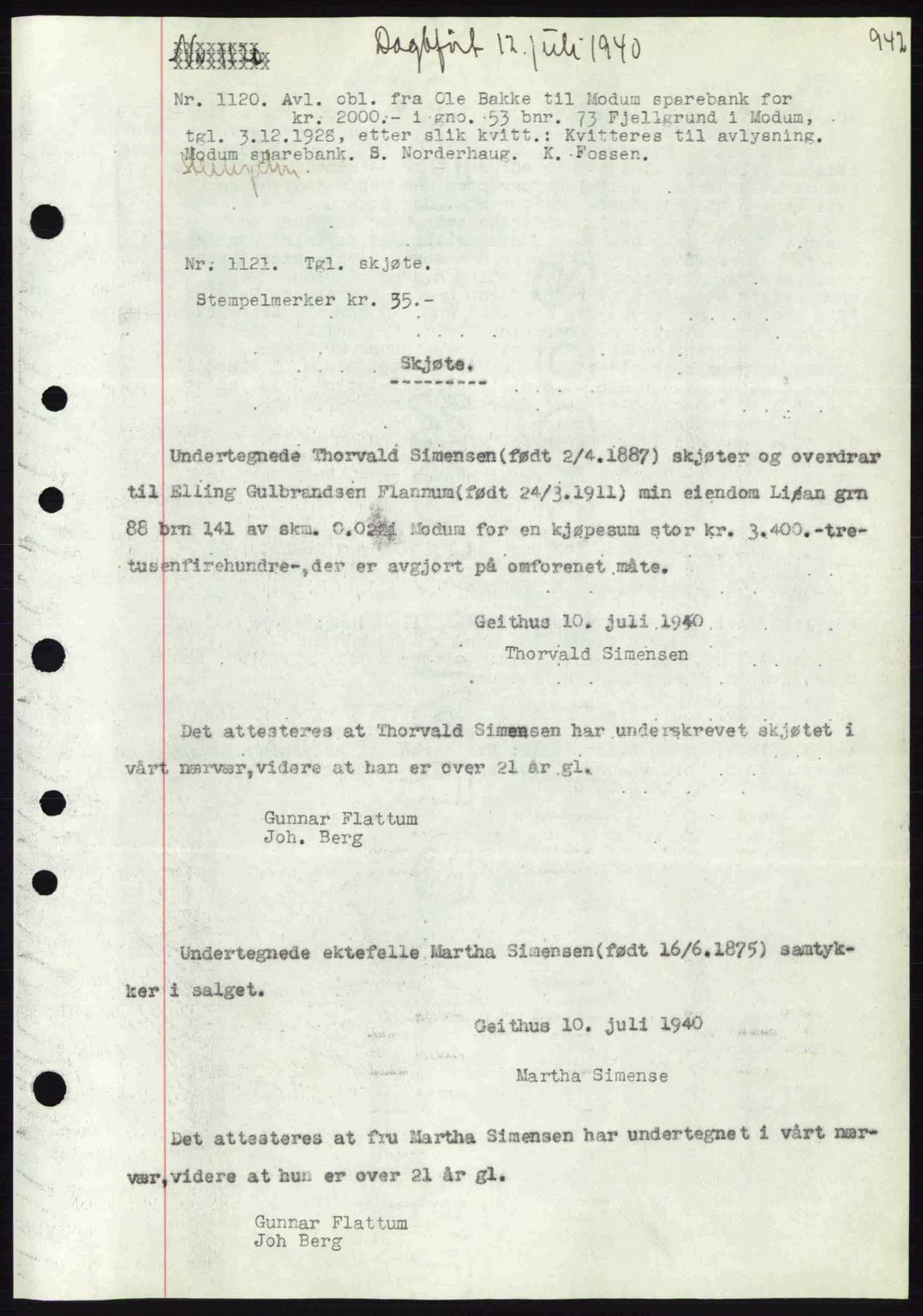 Eiker, Modum og Sigdal sorenskriveri, SAKO/A-123/G/Ga/Gab/L0041: Pantebok nr. A11, 1939-1940, Dagboknr: 1120/1940