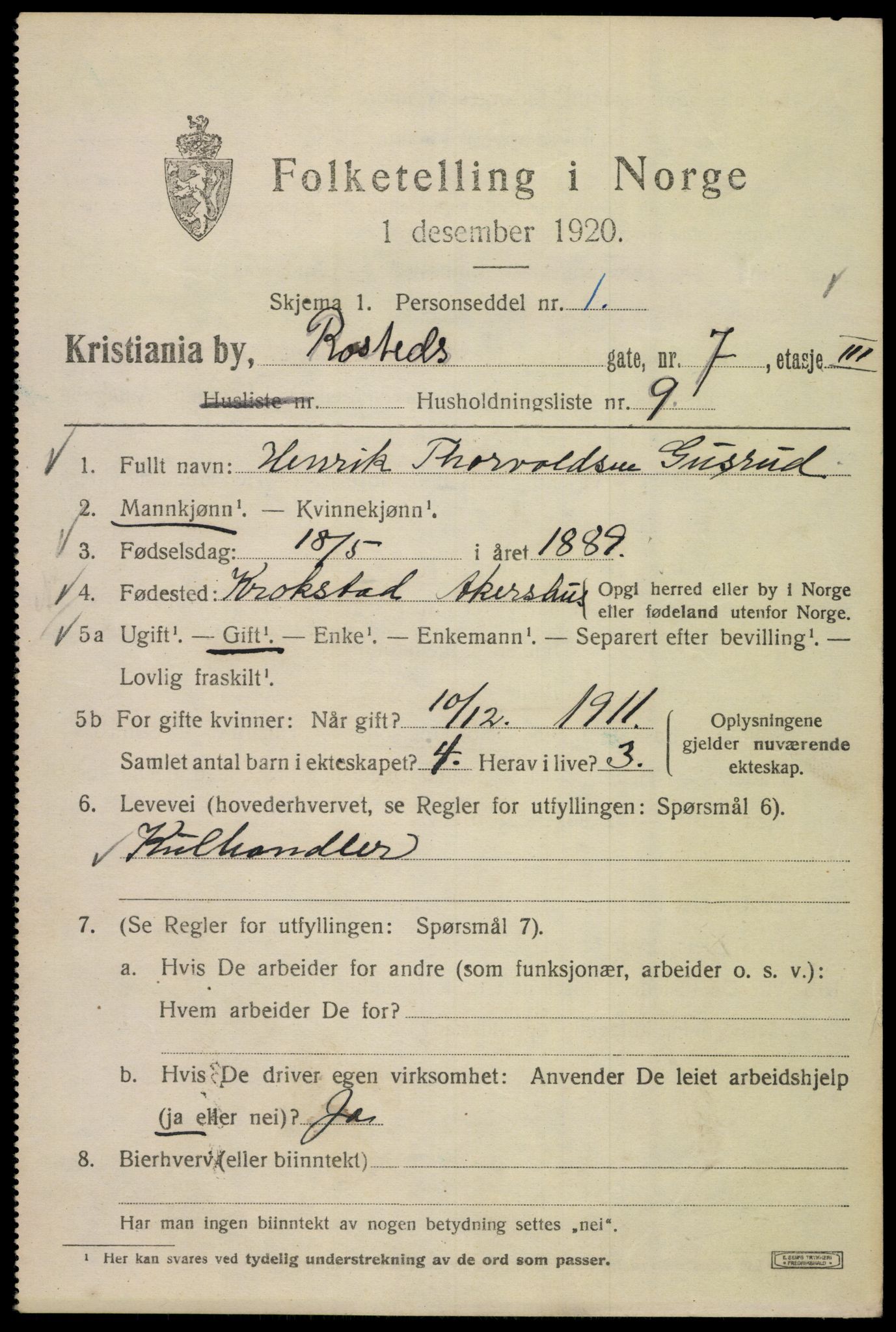 SAO, Folketelling 1920 for 0301 Kristiania kjøpstad, 1920, s. 468043