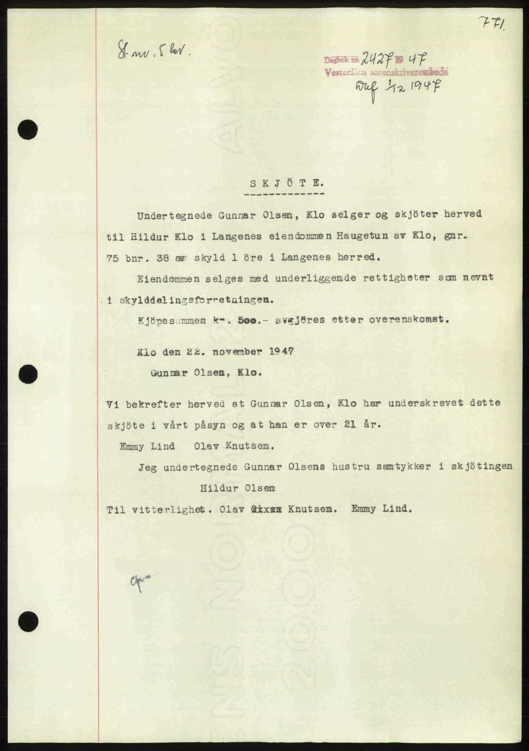Vesterålen sorenskriveri, SAT/A-4180/1/2/2Ca: Pantebok nr. A21, 1947-1947, Dagboknr: 2427/1947