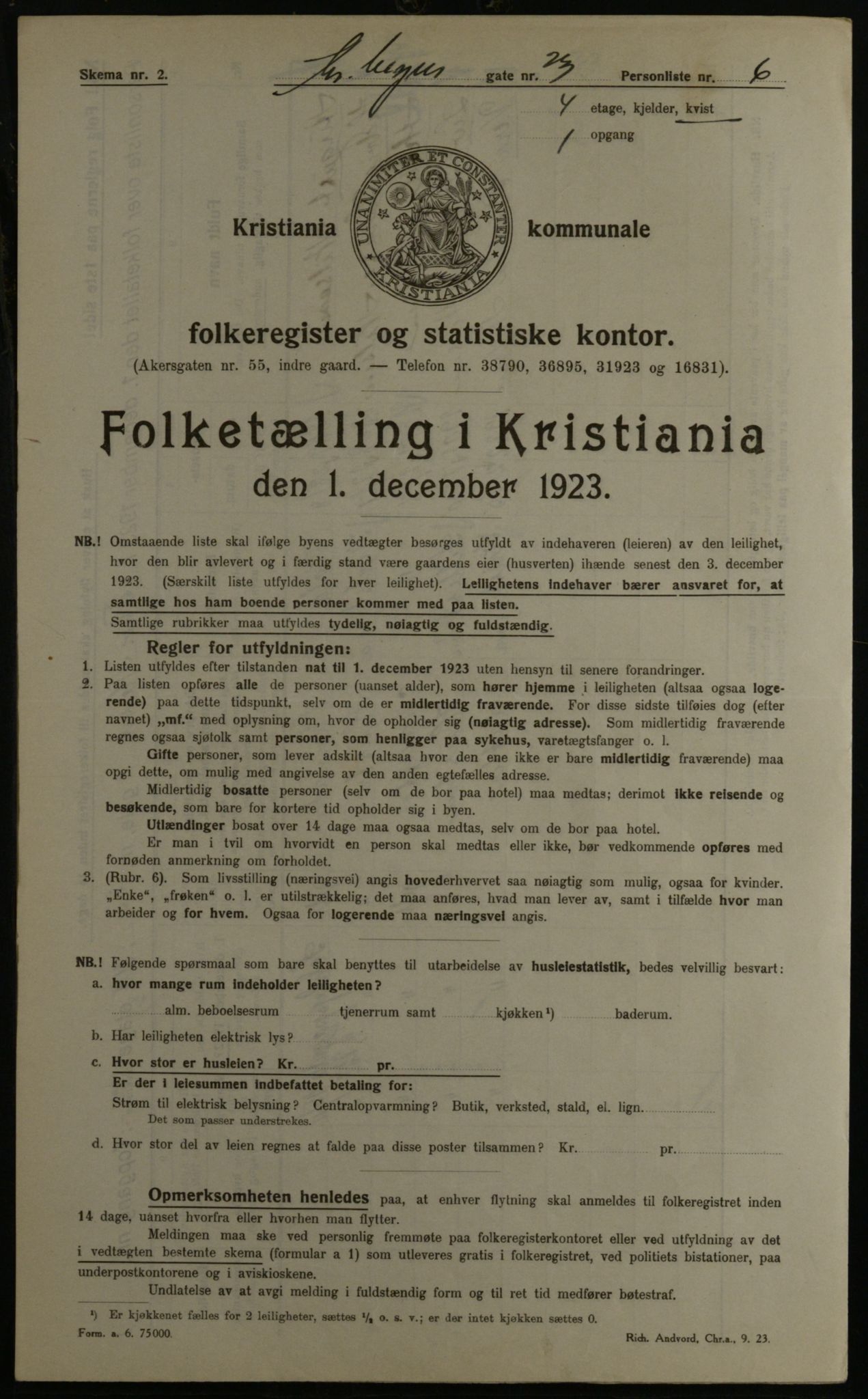 OBA, Kommunal folketelling 1.12.1923 for Kristiania, 1923, s. 121476