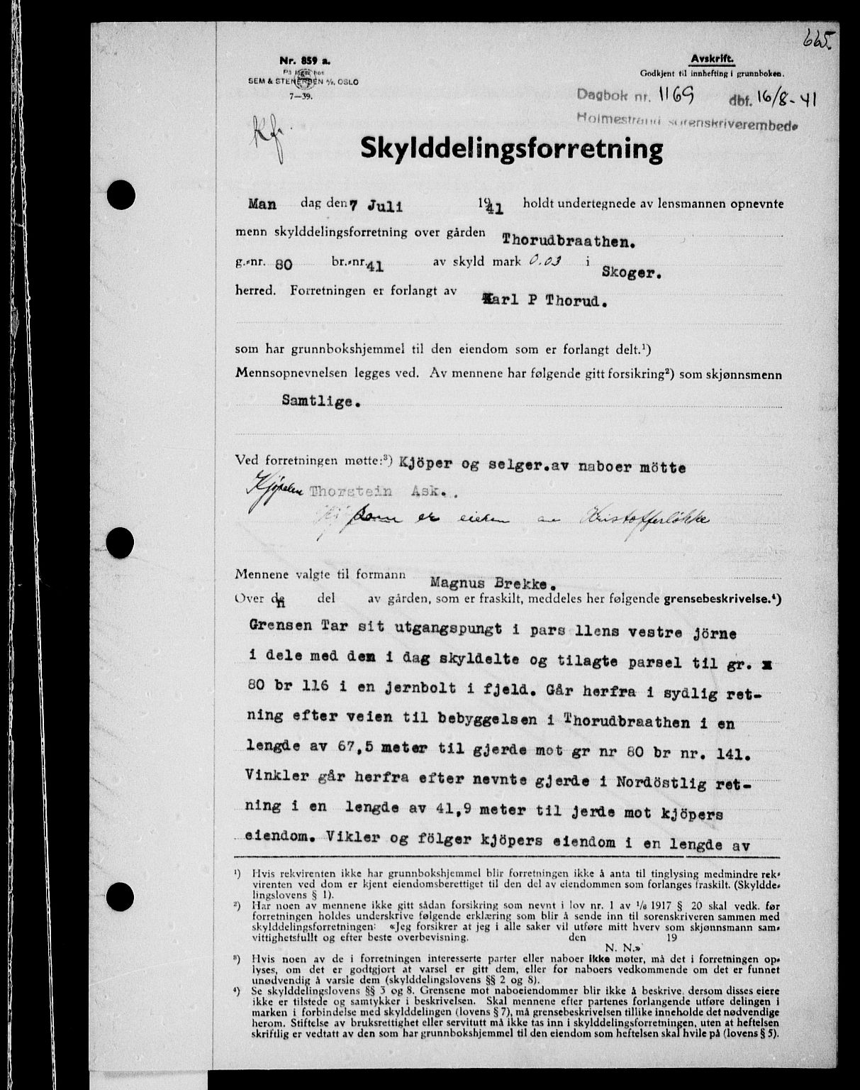 Holmestrand sorenskriveri, SAKO/A-67/G/Ga/Gaa/L0053: Pantebok nr. A-53, 1941-1941, Dagboknr: 1169/1941