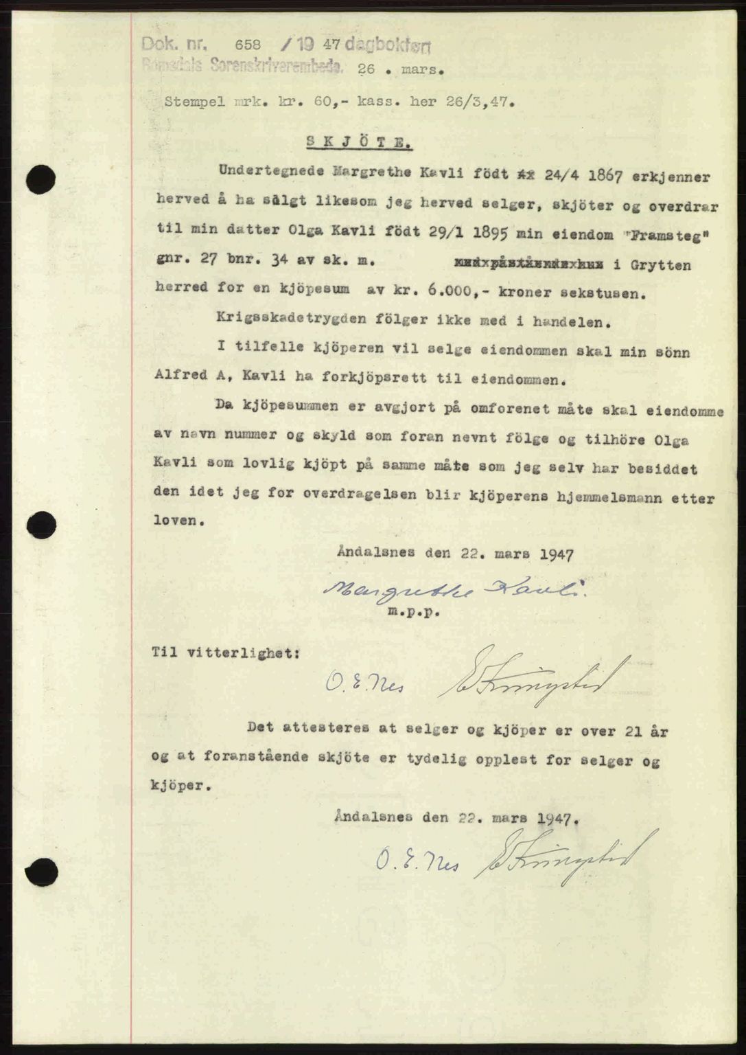 Romsdal sorenskriveri, SAT/A-4149/1/2/2C: Pantebok nr. A22, 1947-1947, Dagboknr: 658/1947