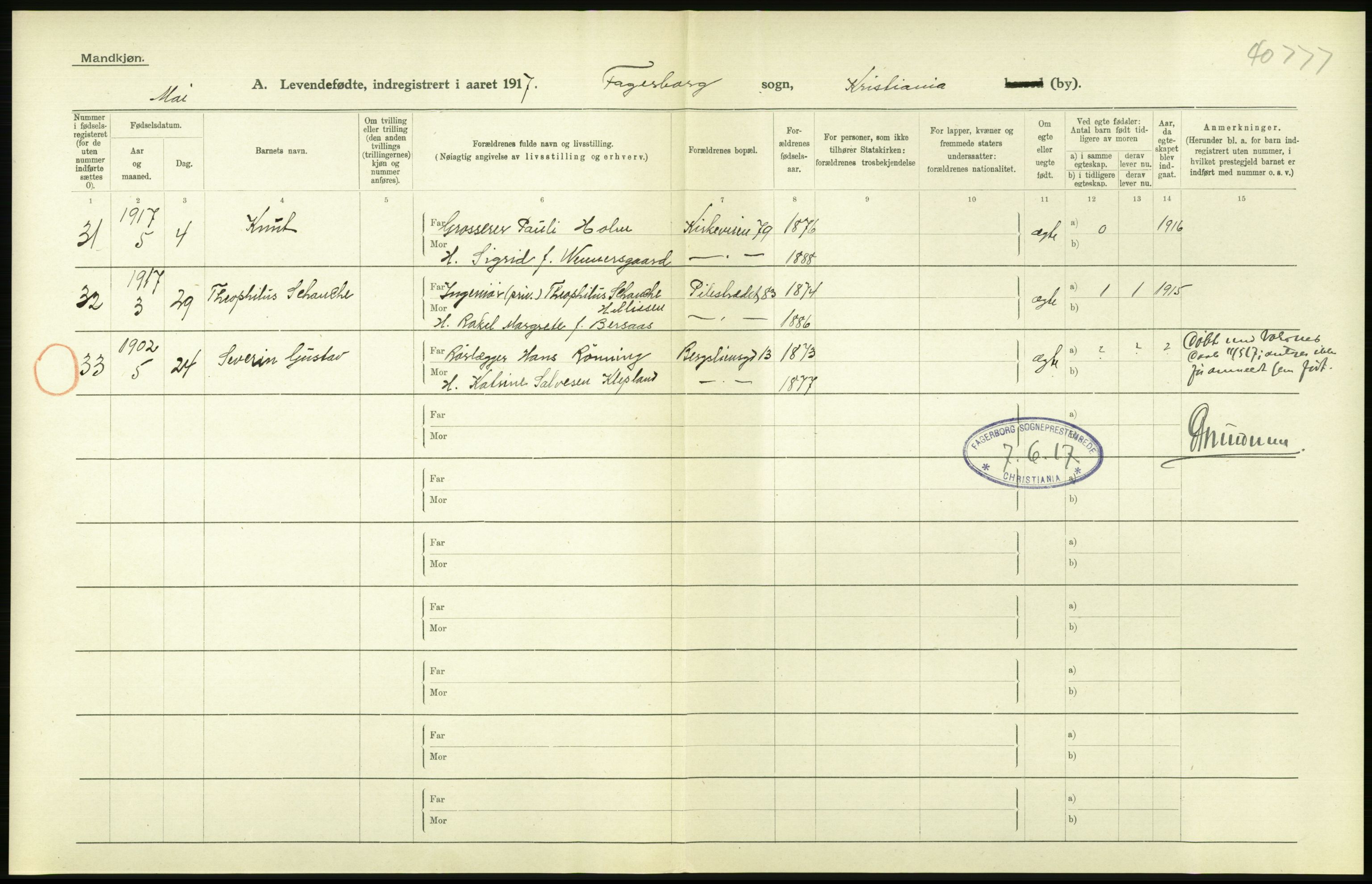 Statistisk sentralbyrå, Sosiodemografiske emner, Befolkning, AV/RA-S-2228/D/Df/Dfb/Dfbg/L0006: Kristiania: Levendefødte menn og kvinner., 1917, s. 76