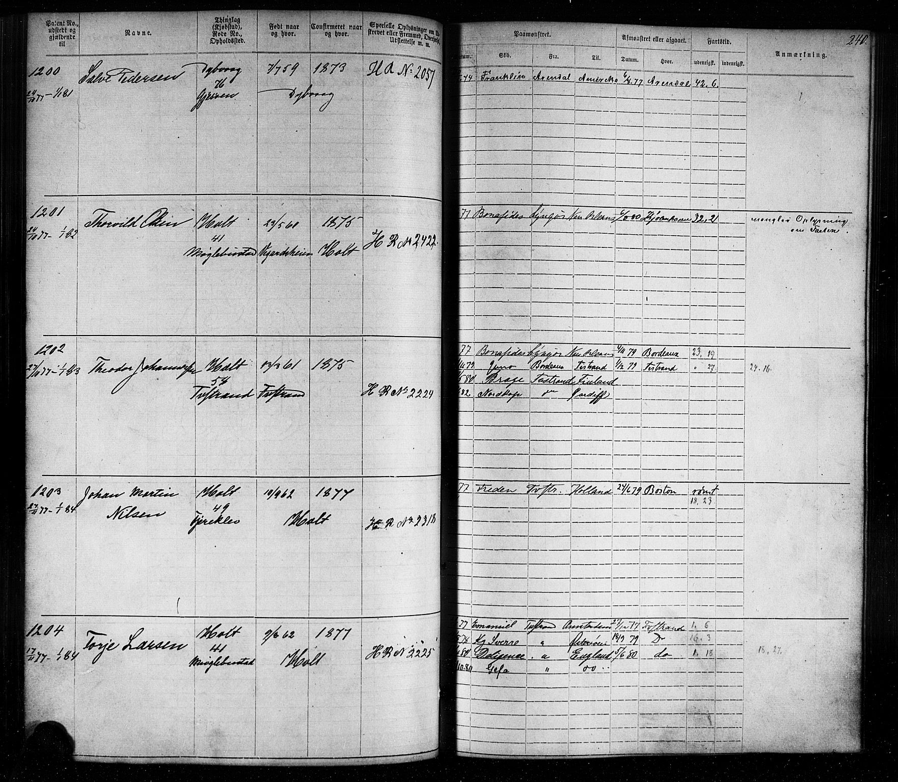 Tvedestrand mønstringskrets, SAK/2031-0011/F/Fa/L0003: Annotasjonsrulle nr 1-1905 med register, U-25, 1866-1886, s. 264