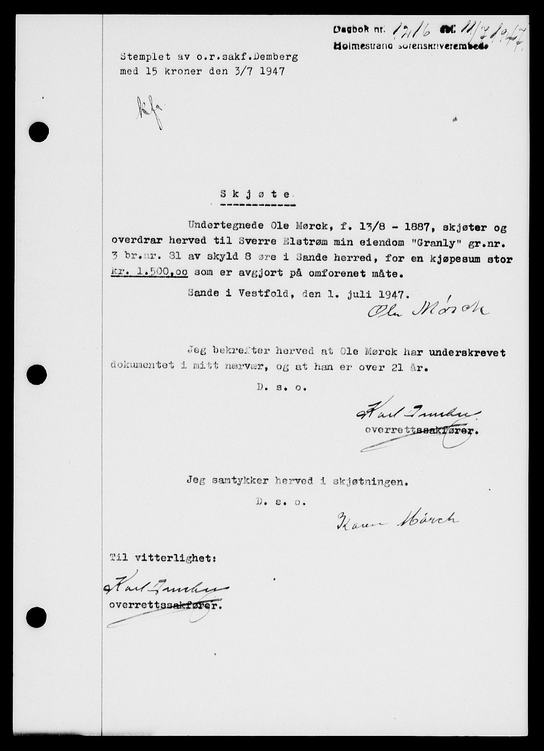 Holmestrand sorenskriveri, SAKO/A-67/G/Ga/Gaa/L0062: Pantebok nr. A-62, 1947-1947, Dagboknr: 1216/1947