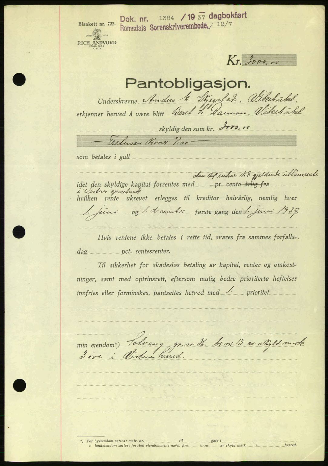 Romsdal sorenskriveri, SAT/A-4149/1/2/2C: Pantebok nr. B1, 1936-1939, Dagboknr: 1384/1937