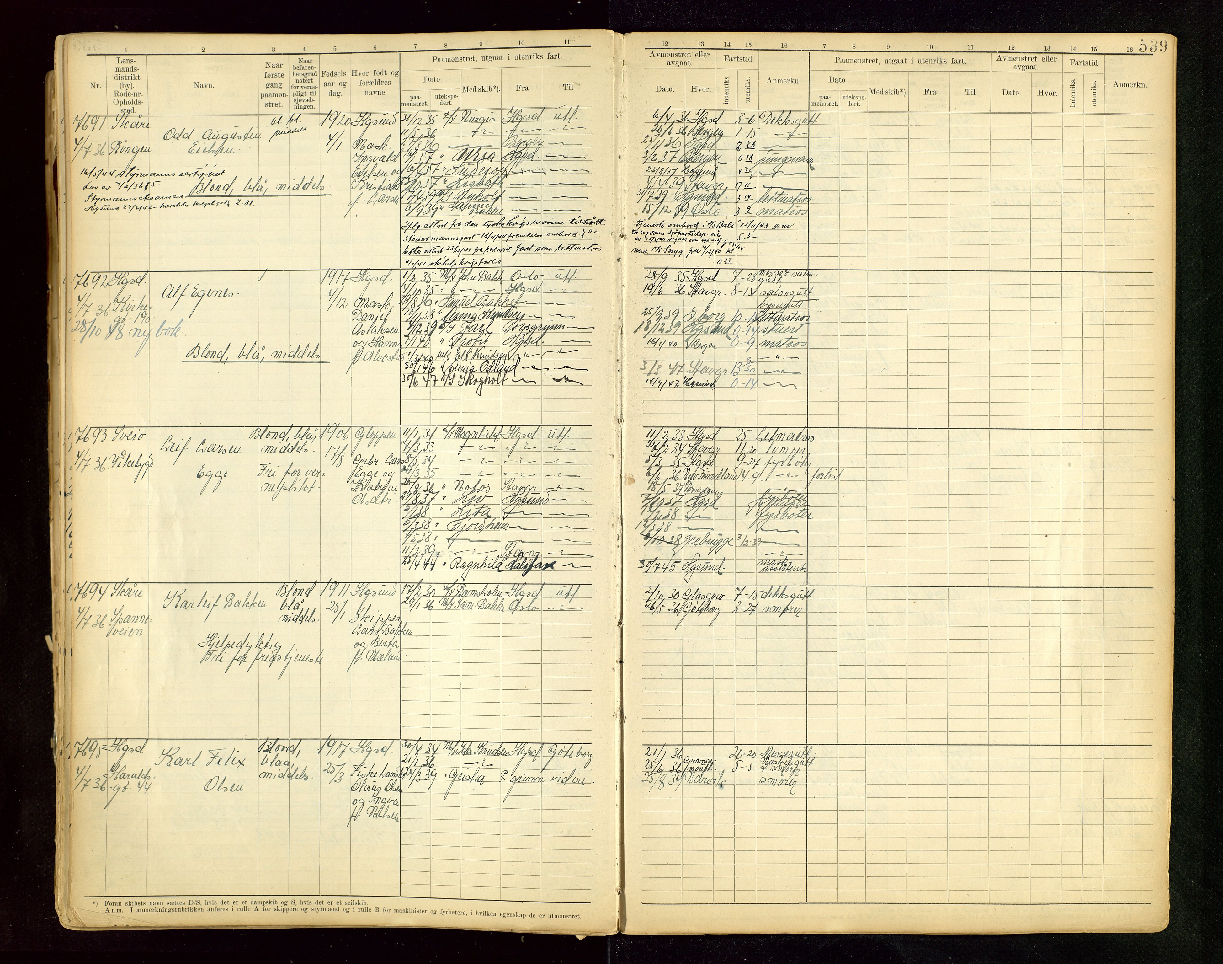 Haugesund sjømannskontor, SAST/A-102007/F/Fb/Fbb/L0015: Sjøfartsrulle A Haugesund krets I nr 5001-8970, 1912-1948, s. 539