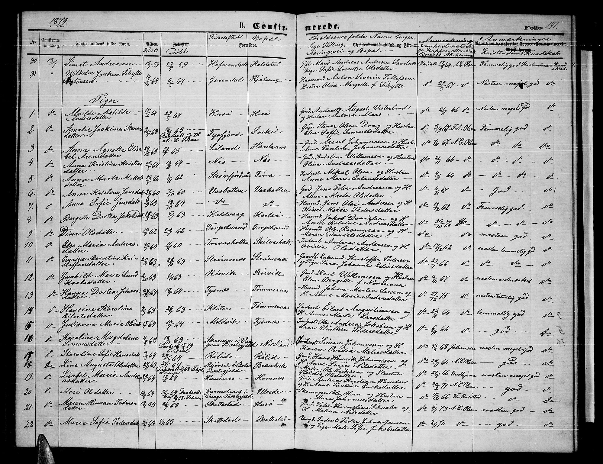 Ministerialprotokoller, klokkerbøker og fødselsregistre - Nordland, AV/SAT-A-1459/859/L0858: Klokkerbok nr. 859C04, 1873-1886, s. 141