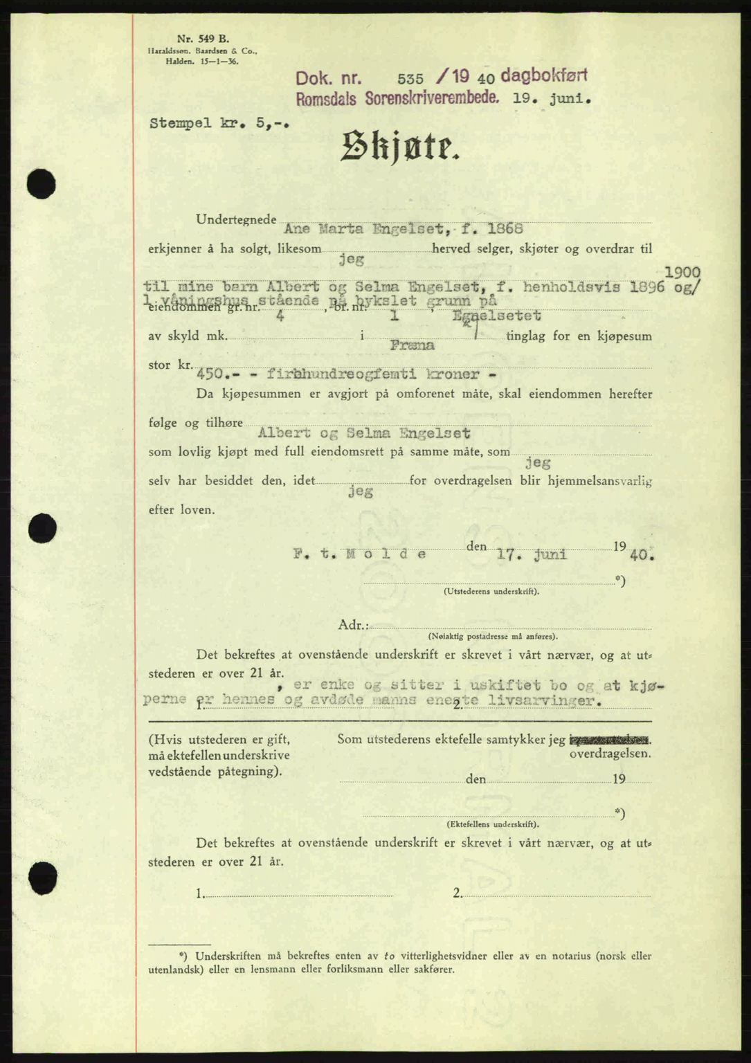 Romsdal sorenskriveri, AV/SAT-A-4149/1/2/2C: Pantebok nr. A8, 1939-1940, Dagboknr: 535/1940