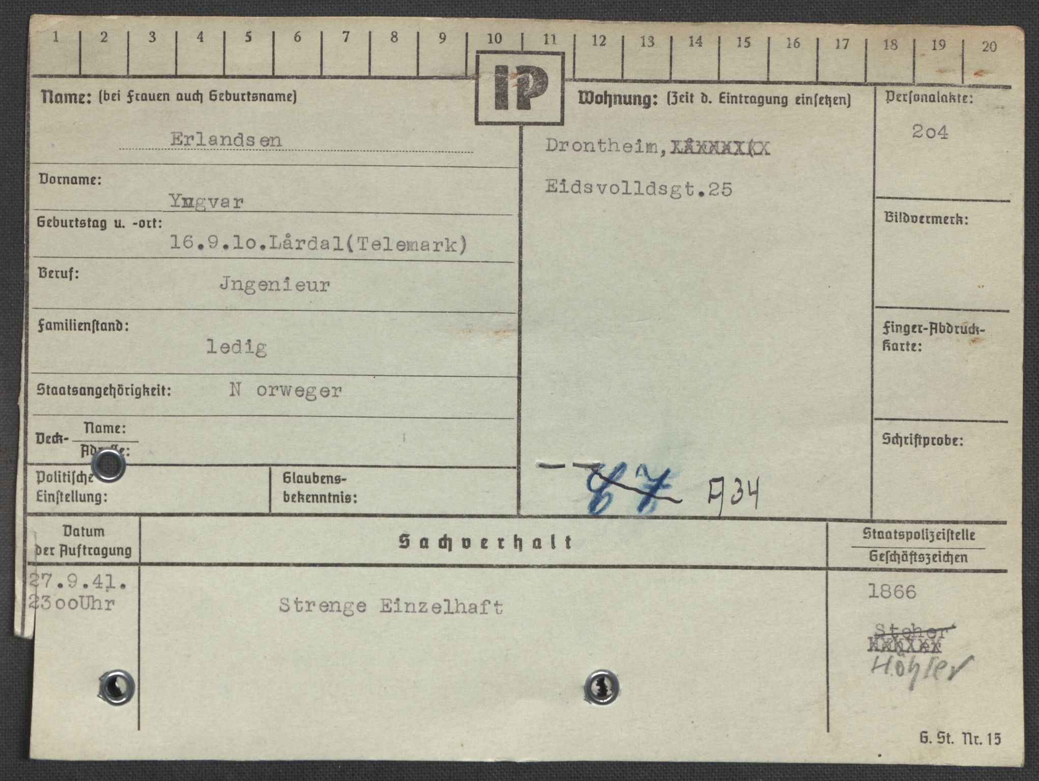 Befehlshaber der Sicherheitspolizei und des SD, AV/RA-RAFA-5969/E/Ea/Eaa/L0003: Register over norske fanger i Møllergata 19: Eng-Hag, 1940-1945, s. 150