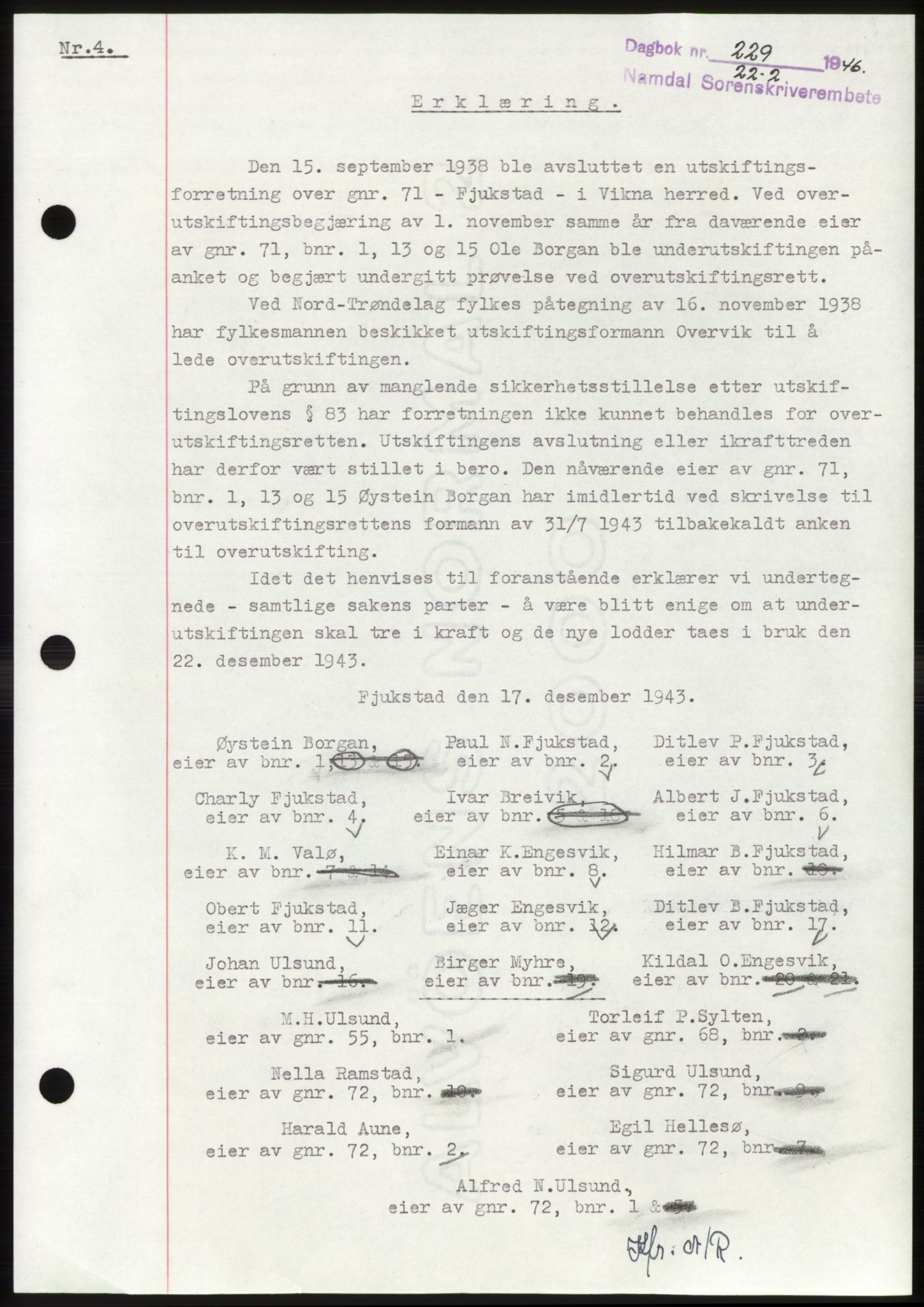 Namdal sorenskriveri, SAT/A-4133/1/2/2C: Pantebok nr. -, 1946-1946, Dagboknr: 229/1946