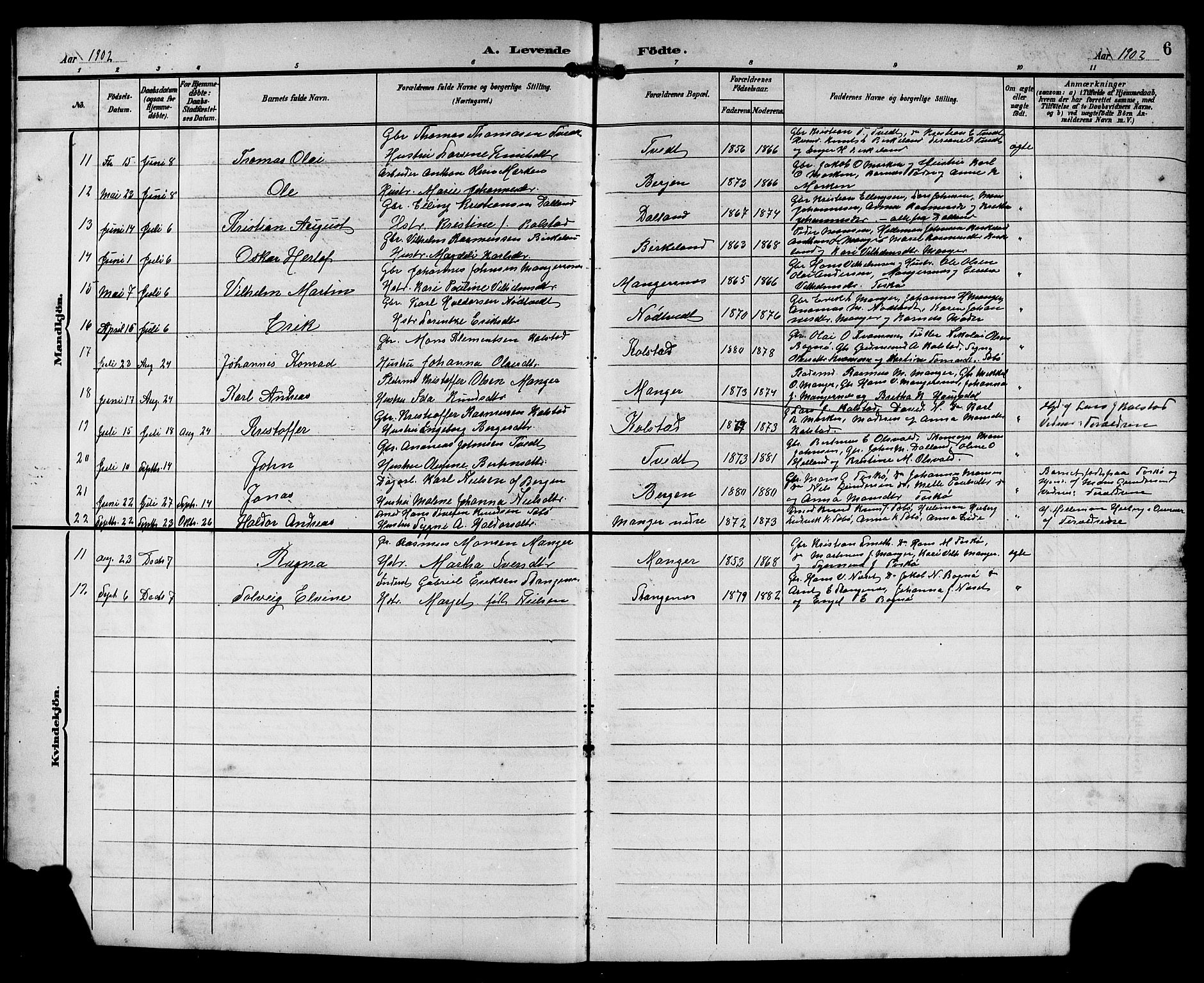 Manger sokneprestembete, AV/SAB-A-76801/H/Hab: Klokkerbok nr. A 2, 1902-1923, s. 6