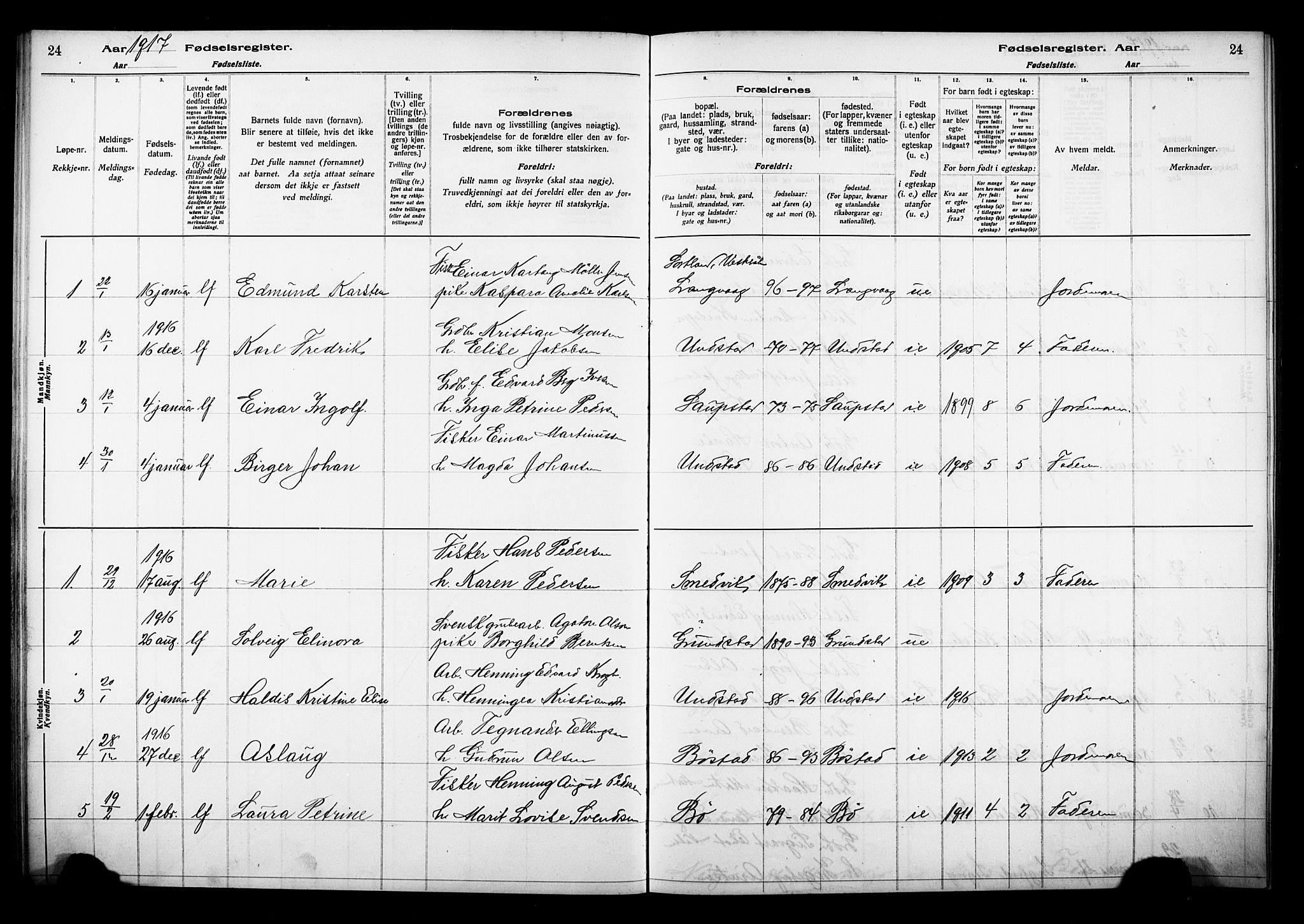 Ministerialprotokoller, klokkerbøker og fødselsregistre - Nordland, AV/SAT-A-1459/880/L1145: Fødselsregister nr. 880.II.4.1, 1916-1929, s. 24