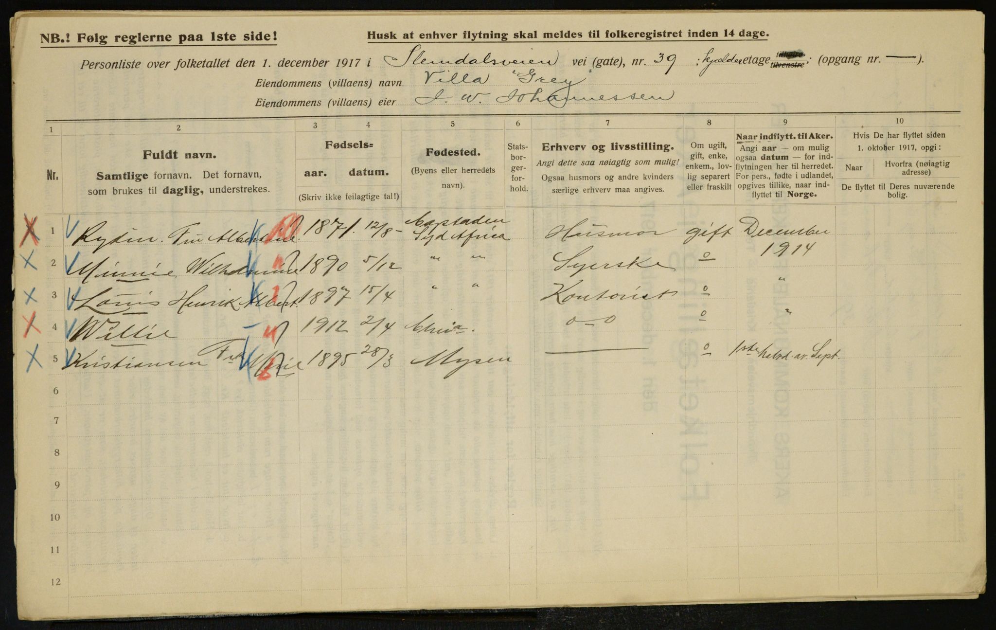 OBA, Kommunal folketelling 1.12.1917 for Aker, 1917, s. 9601