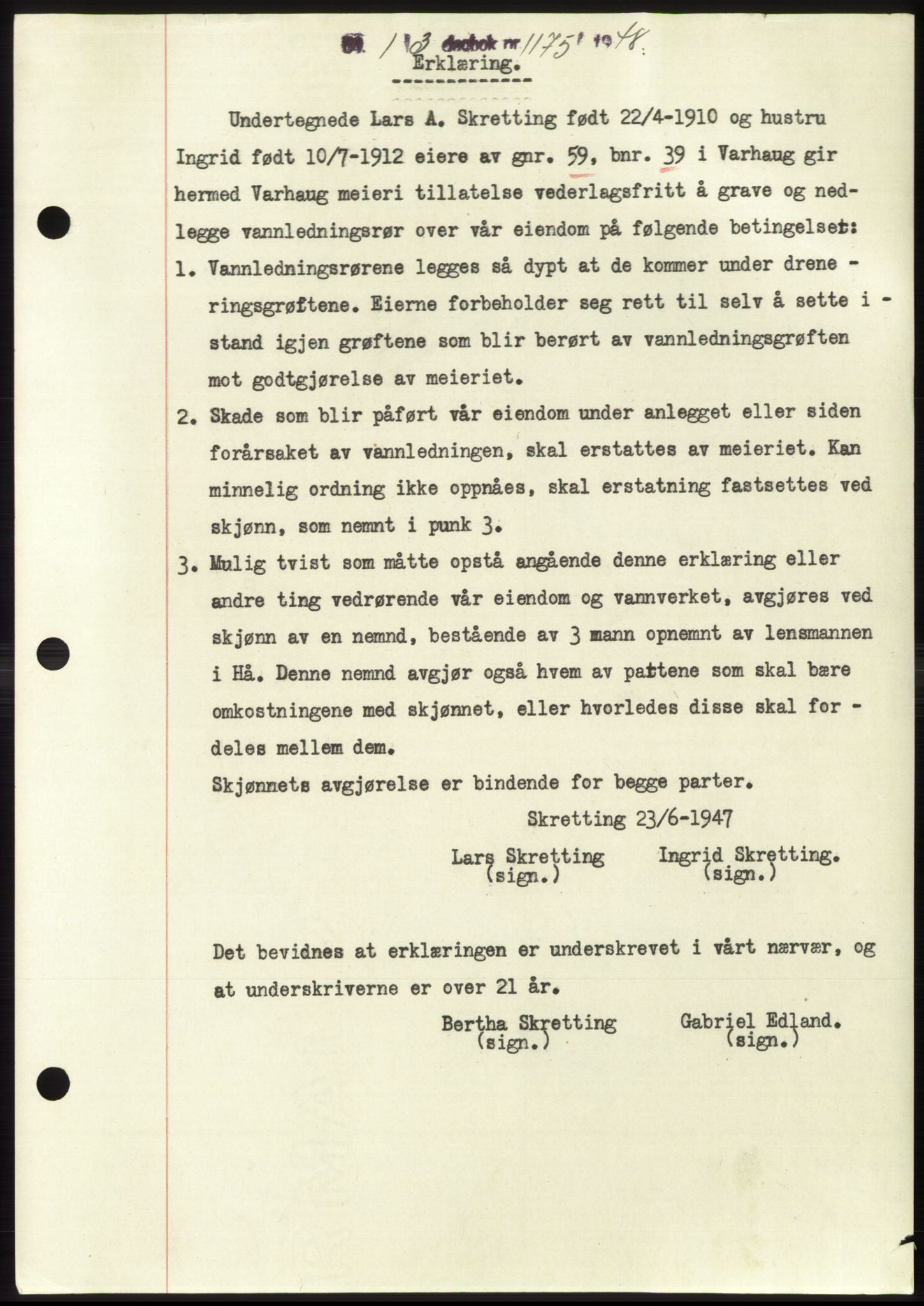Jæren sorenskriveri, SAST/A-100310/03/G/Gba/L0098: Pantebok, 1948-1948, Dagboknr: 1175/1948