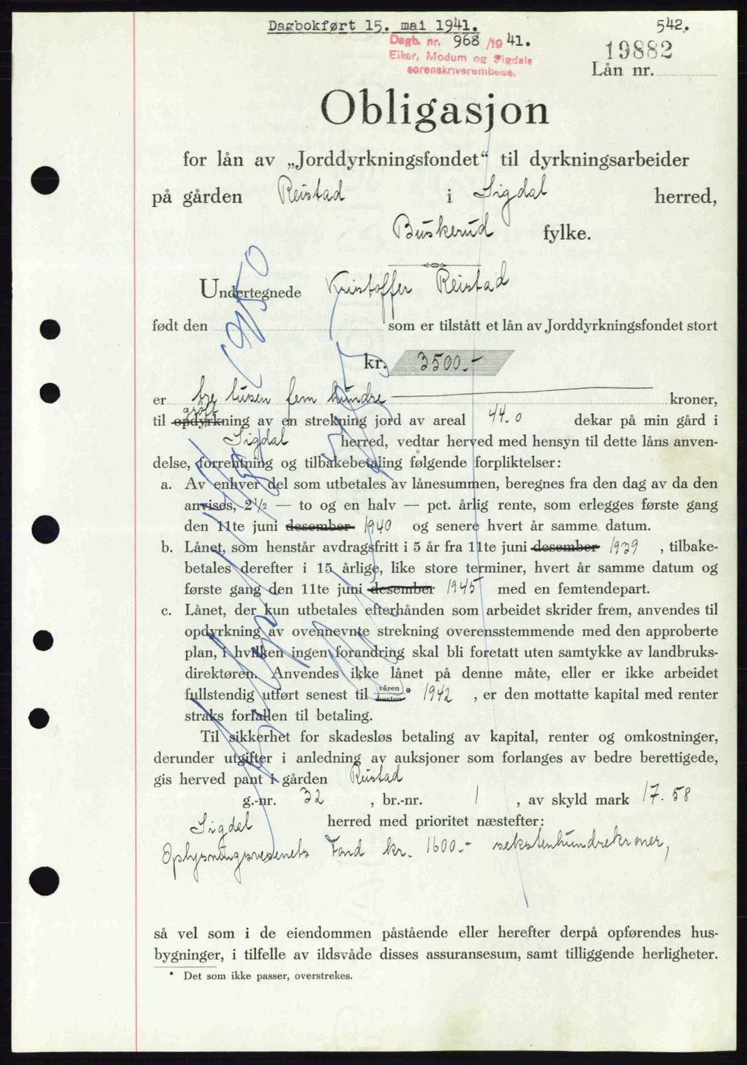 Eiker, Modum og Sigdal sorenskriveri, SAKO/A-123/G/Ga/Gab/L0043: Pantebok nr. A13, 1940-1941, Dagboknr: 968/1941