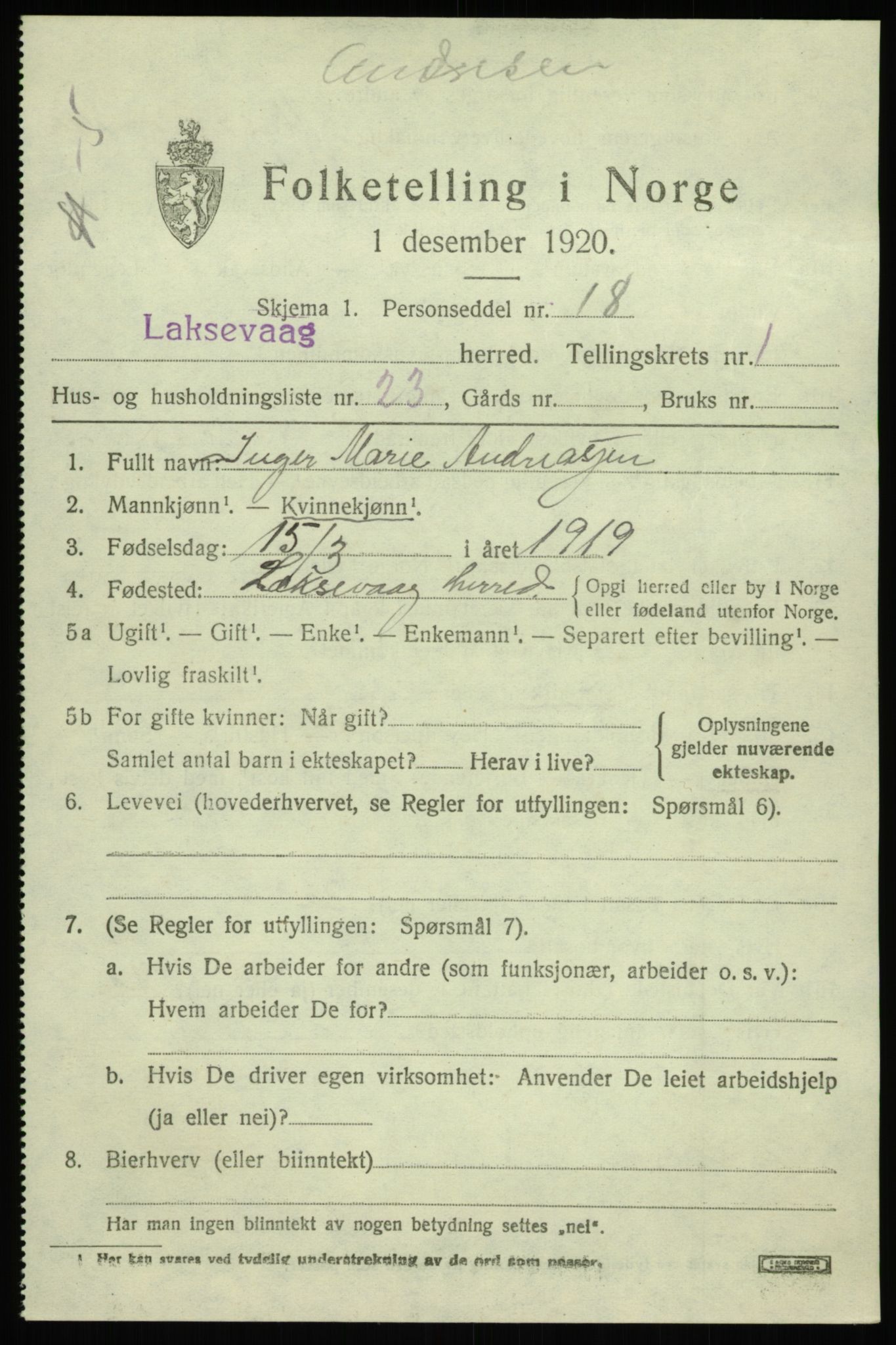 SAB, Folketelling 1920 for 1248 Laksevåg herred, 1920, s. 2598