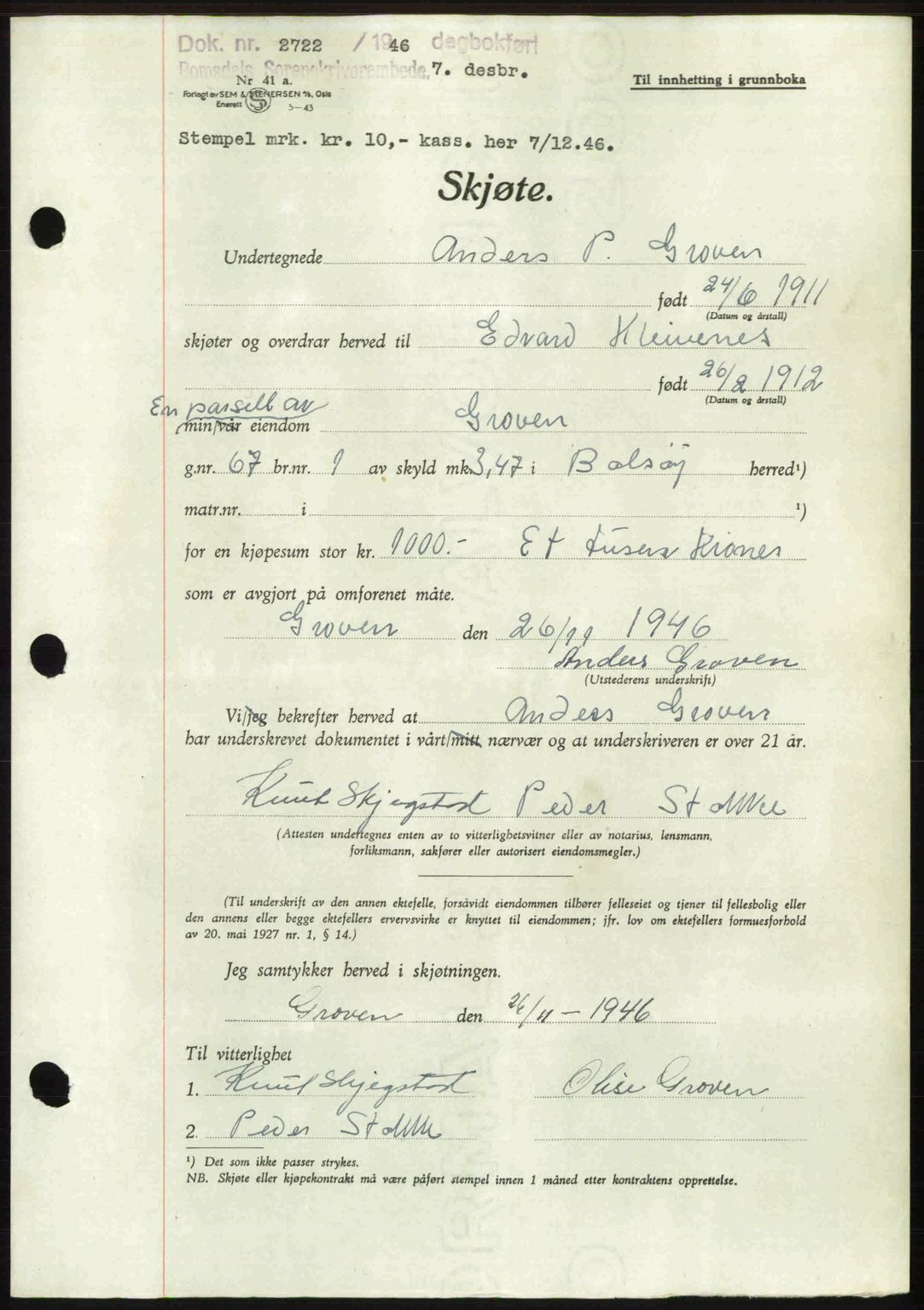 Romsdal sorenskriveri, AV/SAT-A-4149/1/2/2C: Pantebok nr. A21, 1946-1946, Dagboknr: 2722/1946