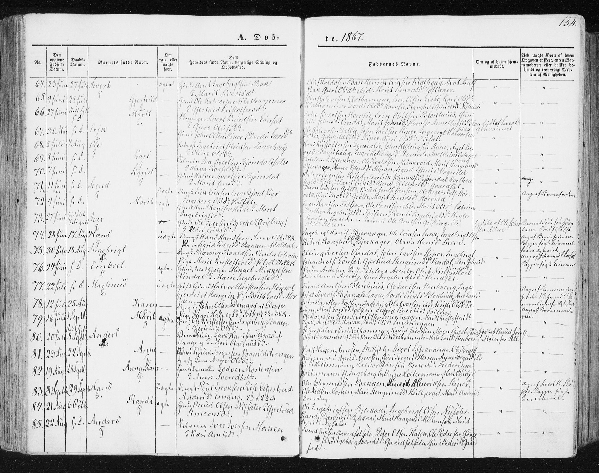 Ministerialprotokoller, klokkerbøker og fødselsregistre - Sør-Trøndelag, SAT/A-1456/678/L0899: Ministerialbok nr. 678A08, 1848-1872, s. 134