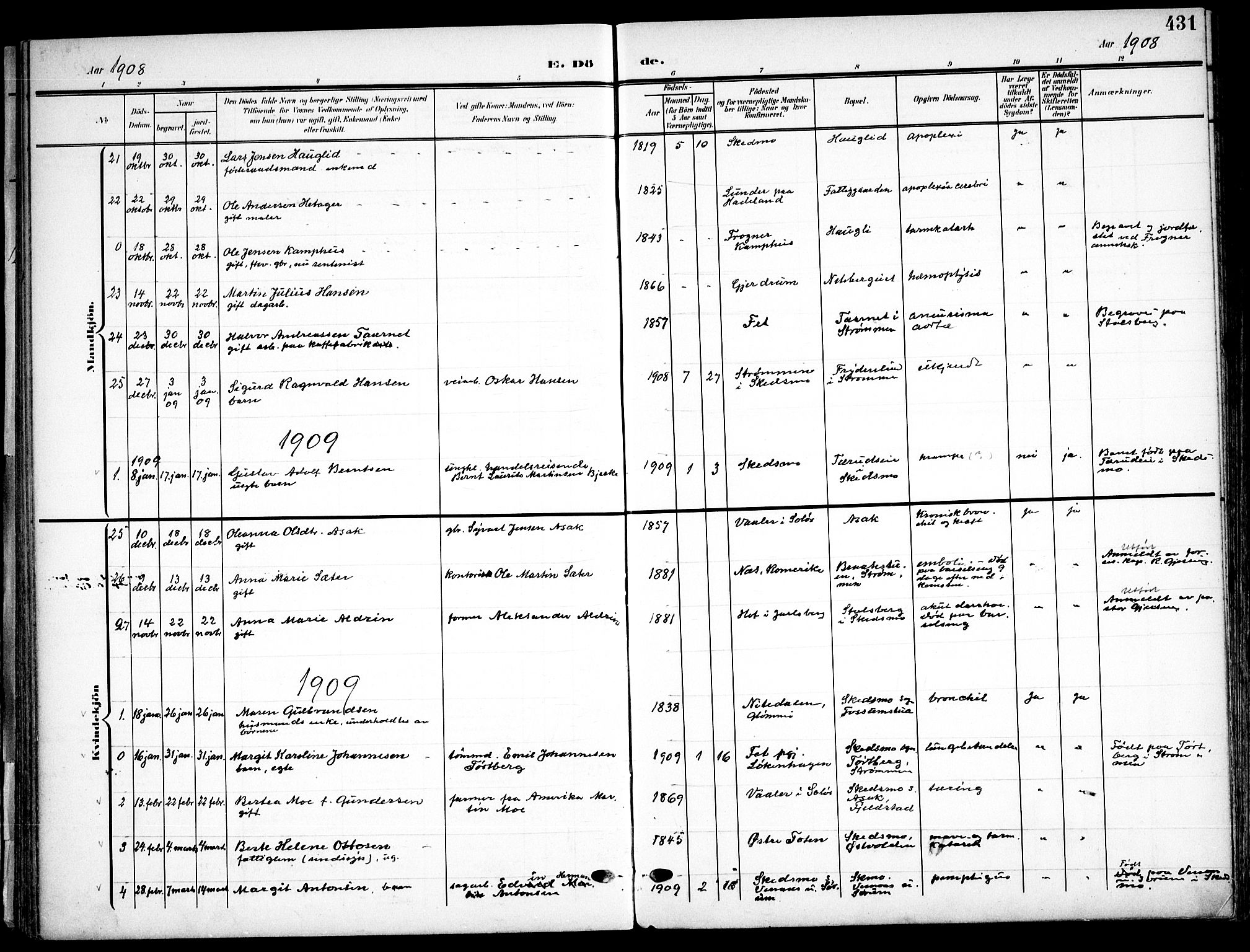 Skedsmo prestekontor Kirkebøker, SAO/A-10033a/F/Fa/L0015: Ministerialbok nr. I 15, 1902-1917, s. 431