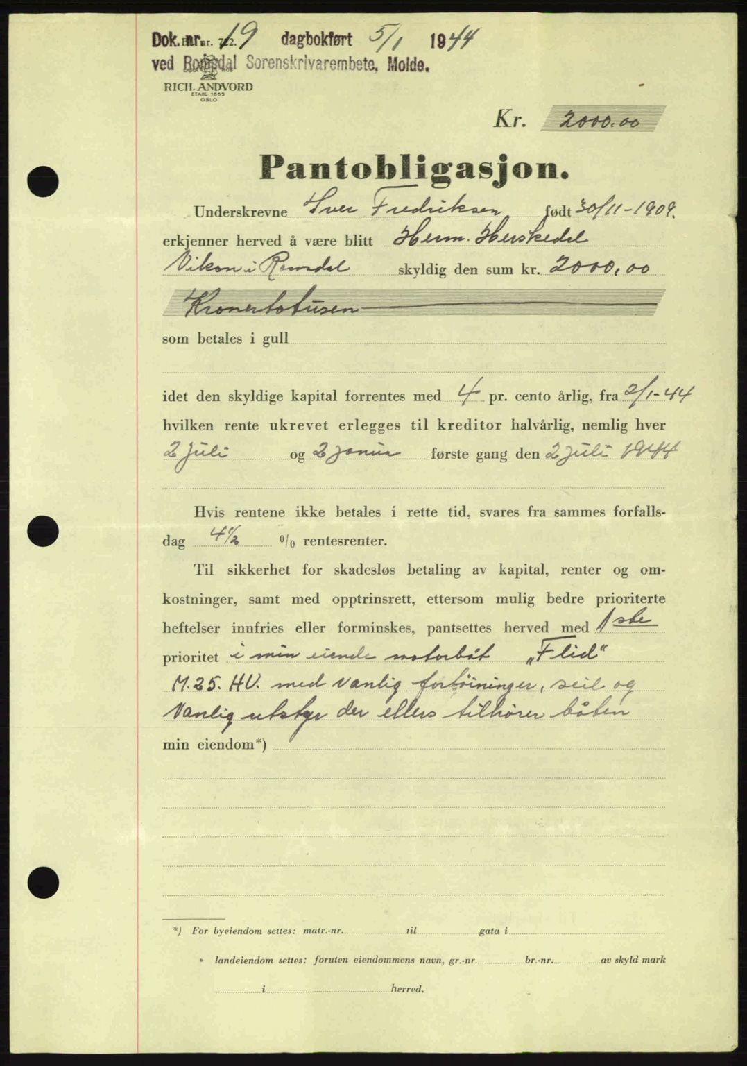 Romsdal sorenskriveri, SAT/A-4149/1/2/2C: Pantebok nr. B2, 1939-1945, Dagboknr: 19/1944