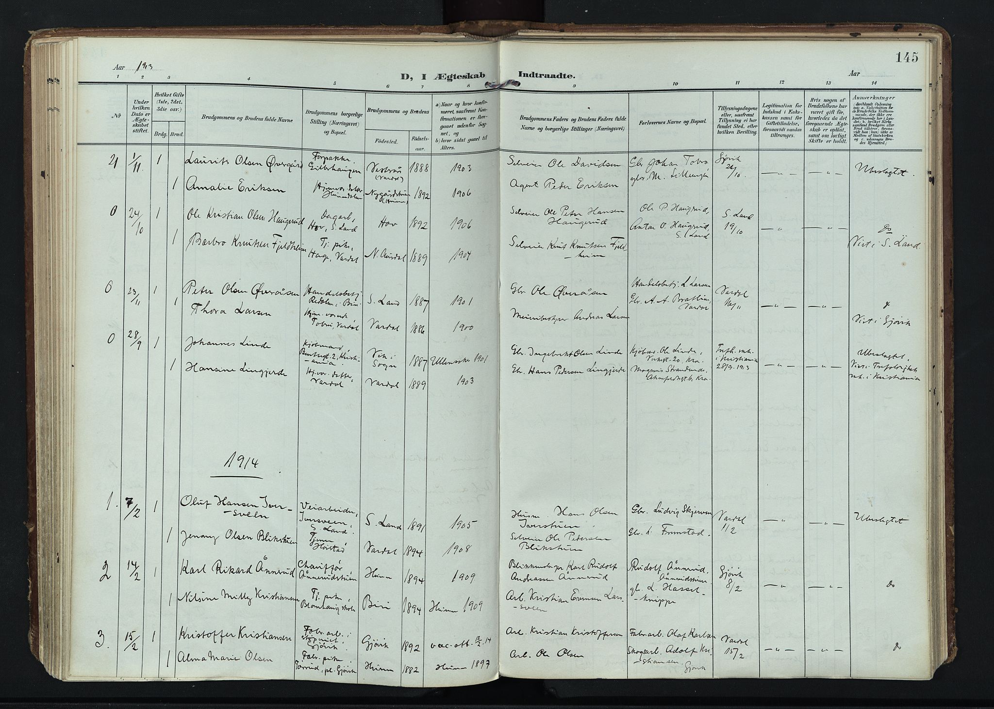 Vardal prestekontor, AV/SAH-PREST-100/H/Ha/Haa/L0020: Ministerialbok nr. 20, 1907-1921, s. 145