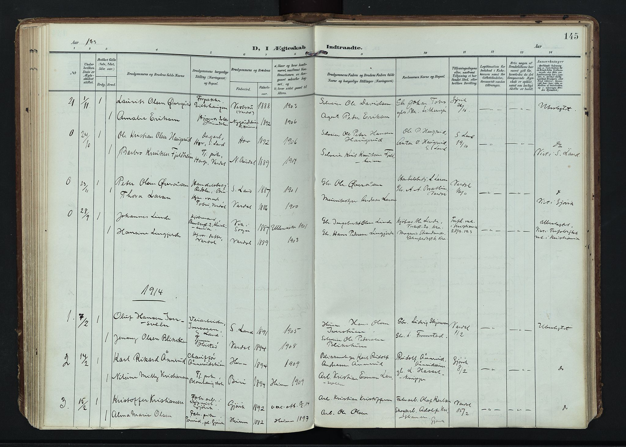 Vardal prestekontor, SAH/PREST-100/H/Ha/Haa/L0020: Ministerialbok nr. 20, 1907-1921, s. 145