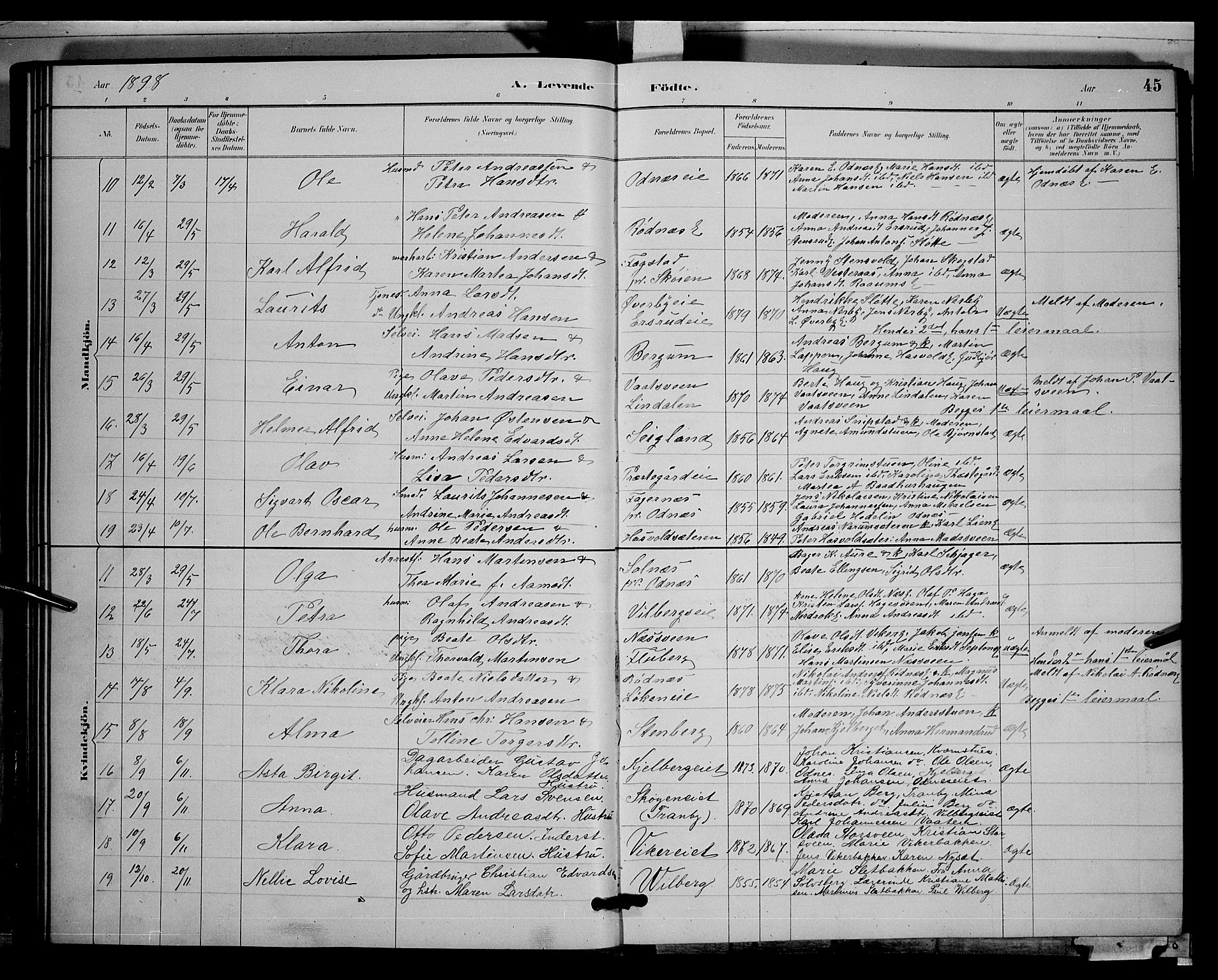 Søndre Land prestekontor, AV/SAH-PREST-122/L/L0003: Klokkerbok nr. 3, 1884-1902, s. 45