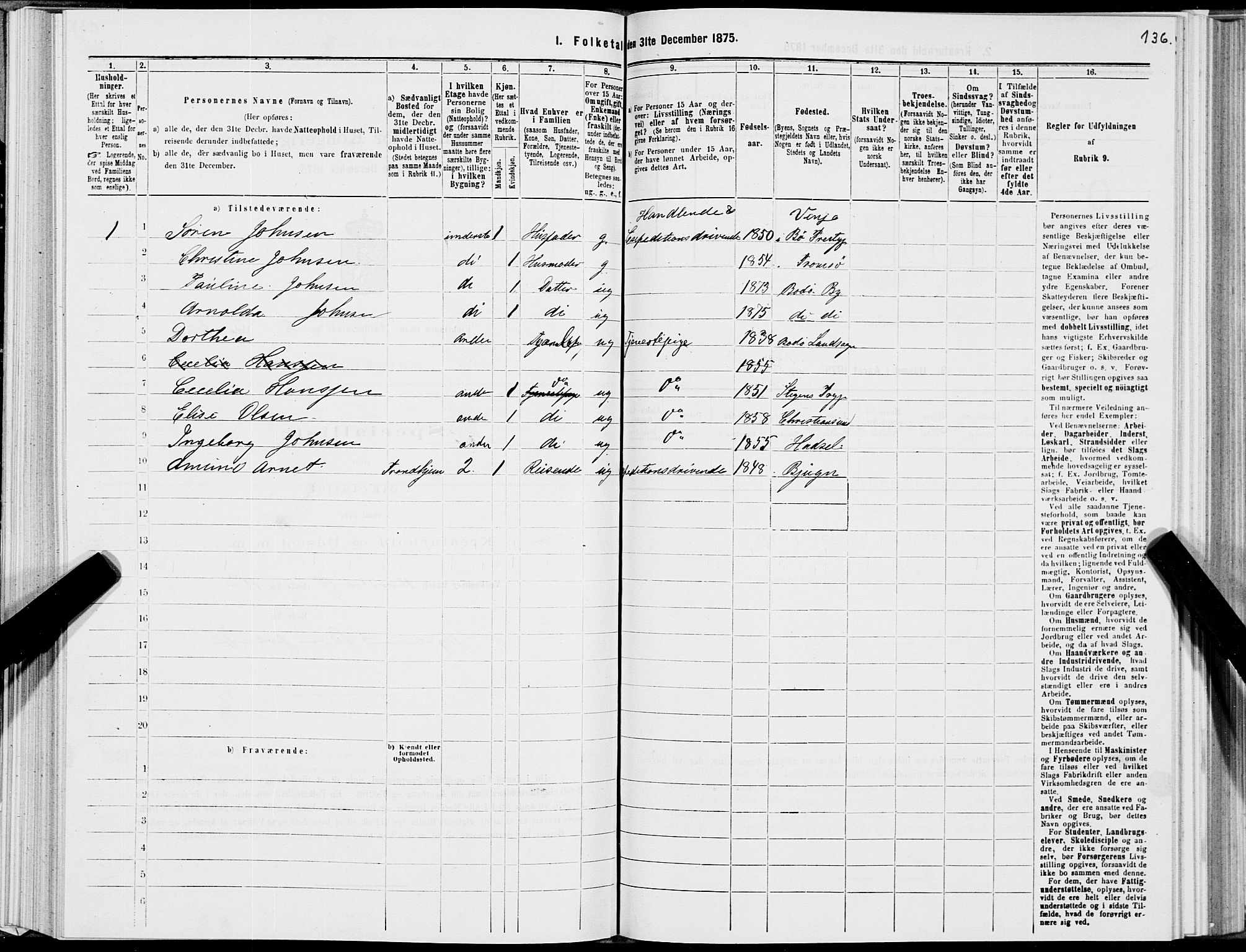 SAT, Folketelling 1875 for 1804B Bodø prestegjeld, Bodø kjøpstad, 1875, s. 136