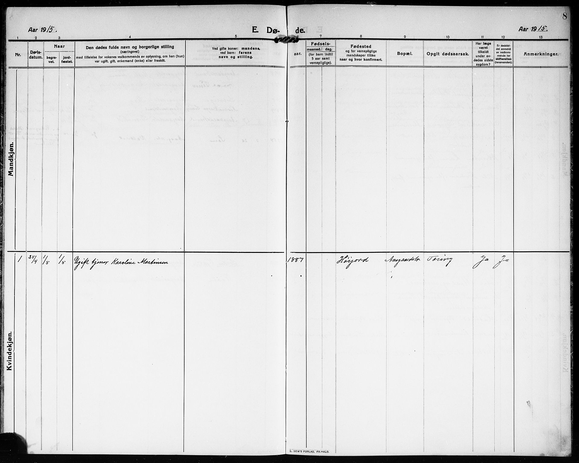 Borre kirkebøker, SAKO/A-338/G/Gc/L0002: Klokkerbok nr. III 2, 1911-1920, s. 8