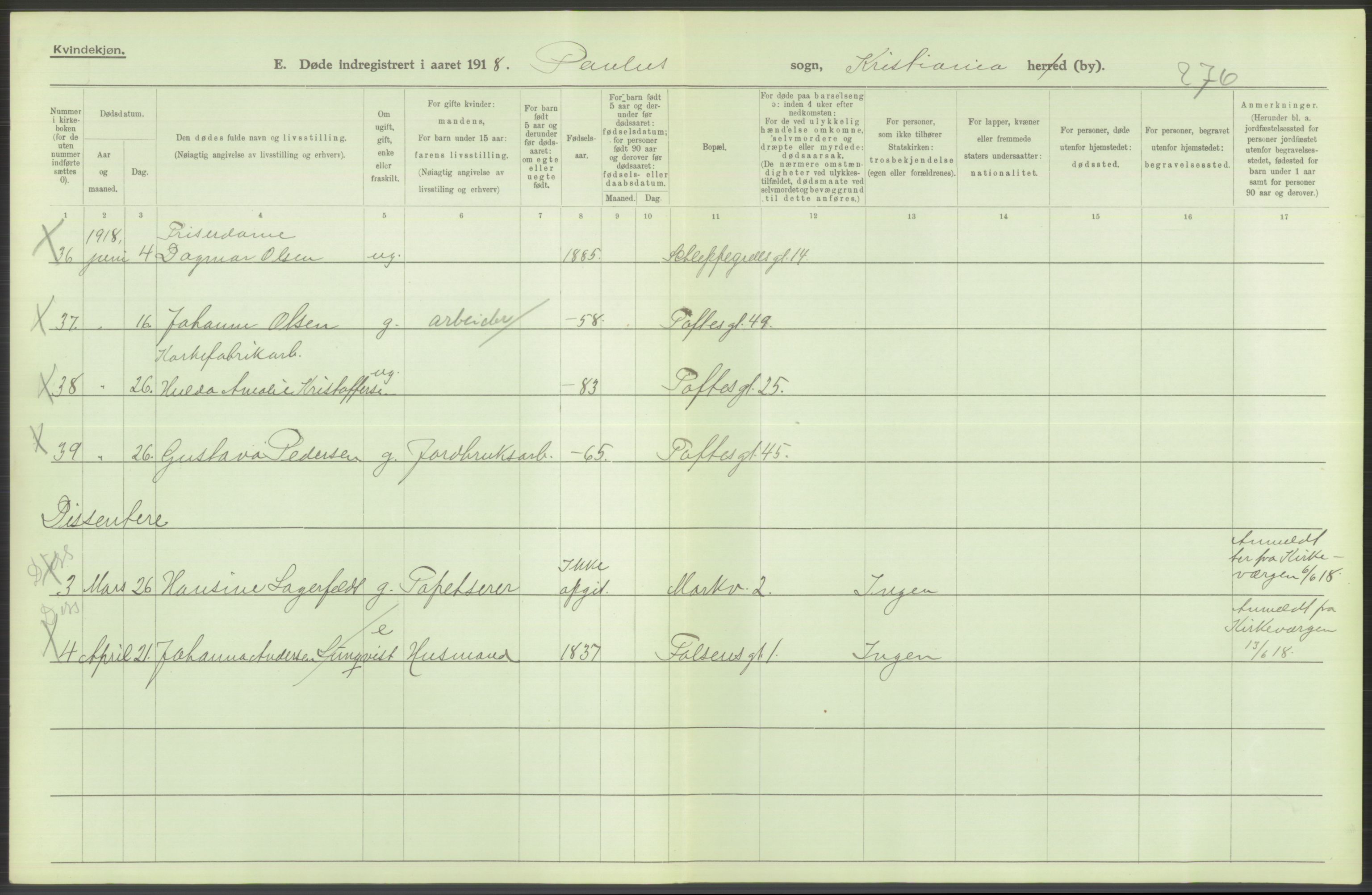 Statistisk sentralbyrå, Sosiodemografiske emner, Befolkning, AV/RA-S-2228/D/Df/Dfb/Dfbh/L0010: Kristiania: Døde, 1918, s. 664