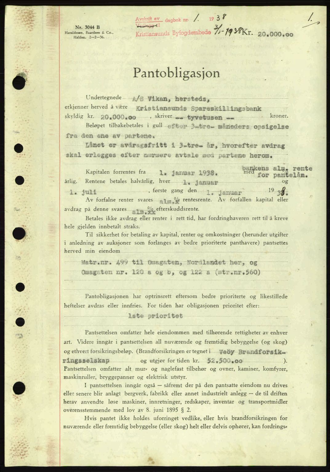 Kristiansund byfogd, SAT/A-4587/A/27: Pantebok nr. 31, 1938-1939, Dagboknr: 1/1938