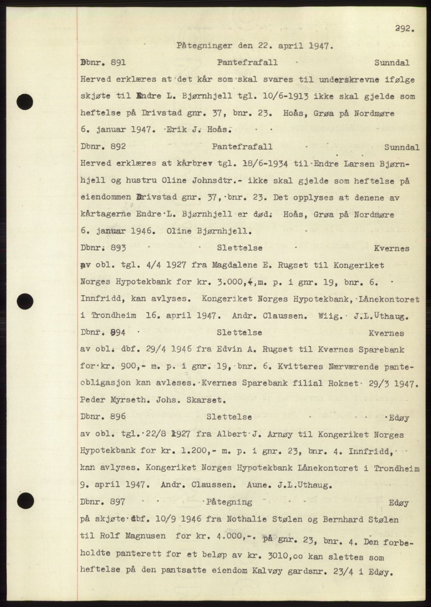 Nordmøre sorenskriveri, SAT/A-4132/1/2/2Ca: Pantebok nr. C82b, 1946-1951, Dagboknr: 891/1947