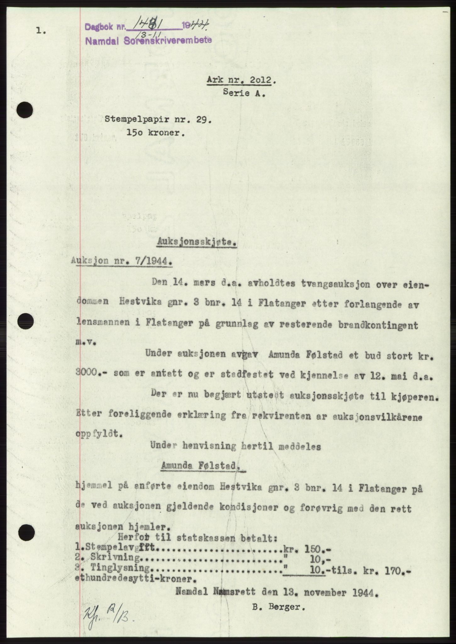 Namdal sorenskriveri, SAT/A-4133/1/2/2C: Pantebok nr. -, 1944-1945, Dagboknr: 1441/1944