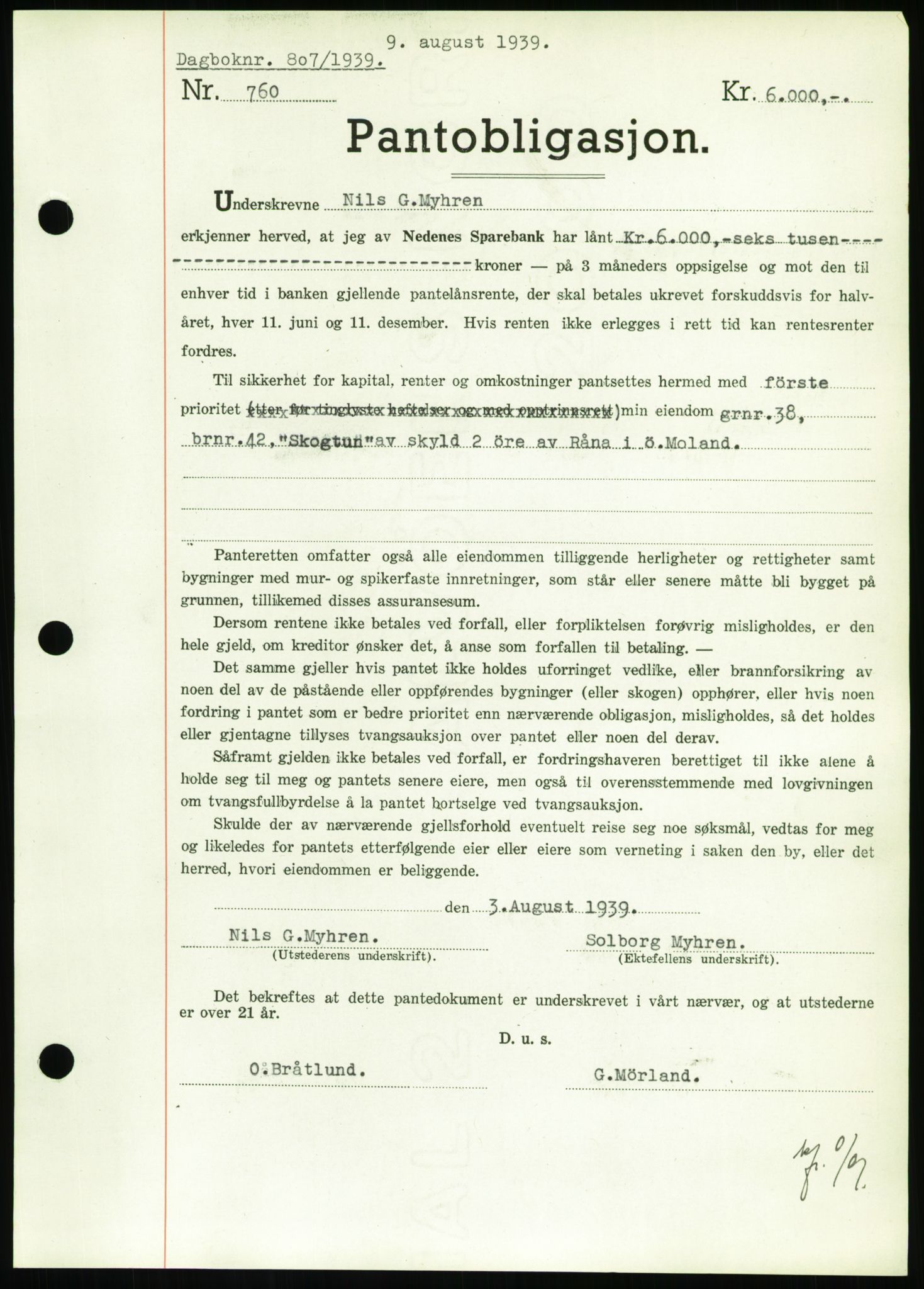 Nedenes sorenskriveri, SAK/1221-0006/G/Gb/Gbb/L0001: Pantebok nr. I, 1939-1942, Dagboknr: 807/1939