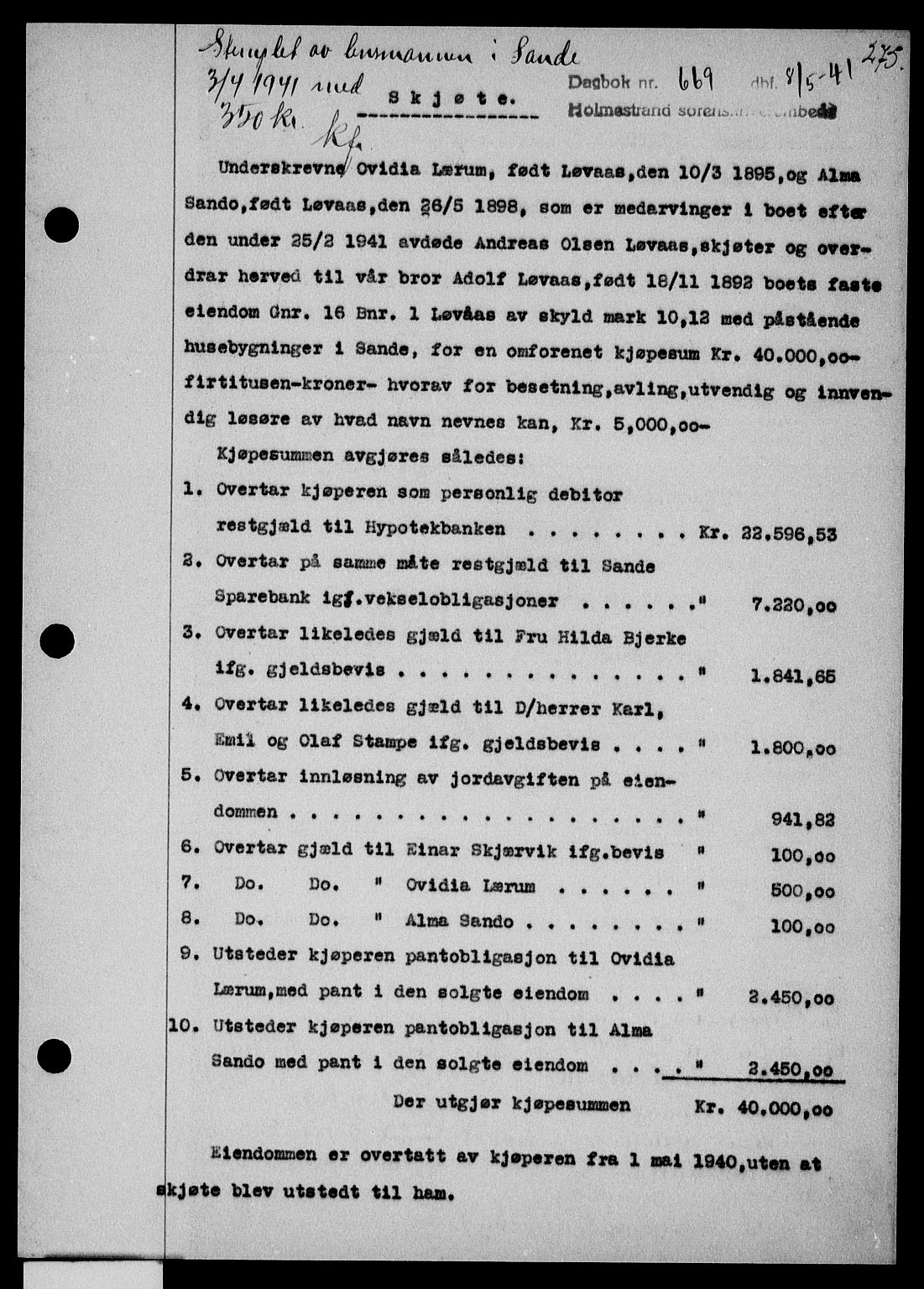 Holmestrand sorenskriveri, SAKO/A-67/G/Ga/Gaa/L0053: Pantebok nr. A-53, 1941-1941, Dagboknr: 669/1941