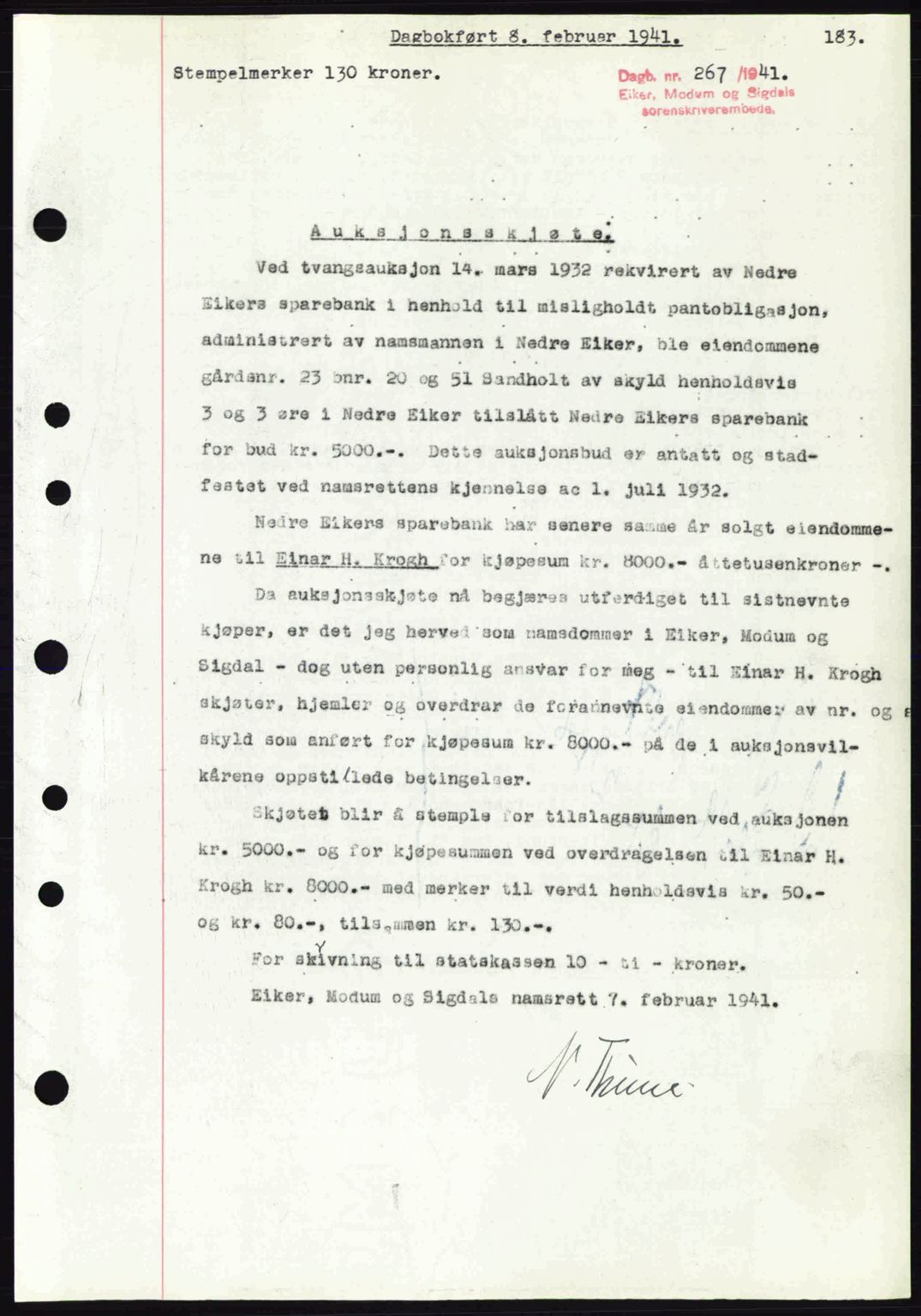 Eiker, Modum og Sigdal sorenskriveri, SAKO/A-123/G/Ga/Gab/L0043: Pantebok nr. A13, 1940-1941, Dagboknr: 267/1941
