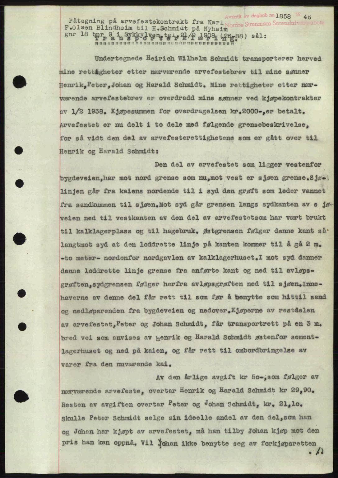 Nordre Sunnmøre sorenskriveri, SAT/A-0006/1/2/2C/2Ca: Pantebok nr. A22, 1946-1946, Dagboknr: 1858/1946