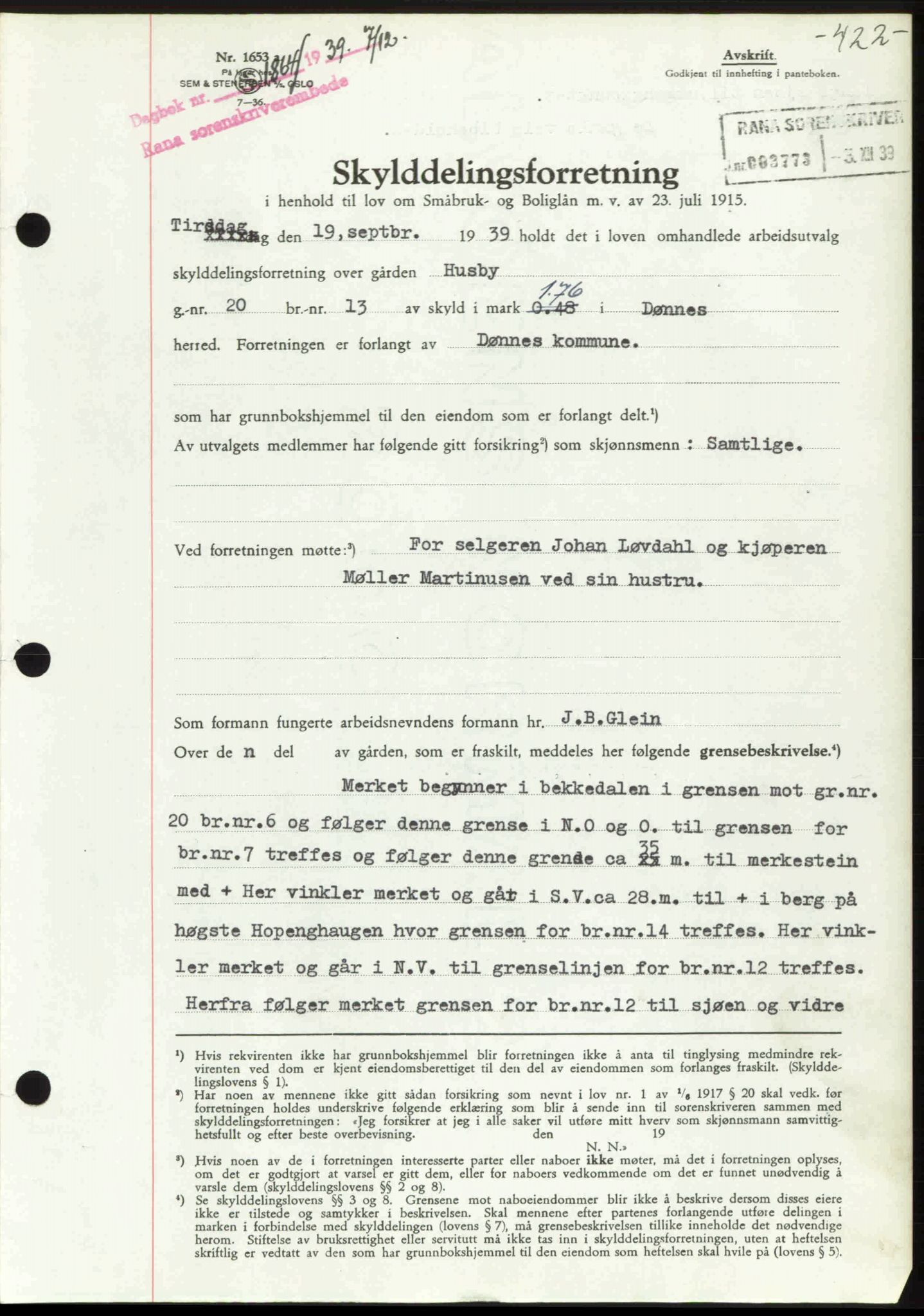 Rana sorenskriveri , SAT/A-1108/1/2/2C: Pantebok nr. A 6, 1939-1940, Dagboknr: 1864/1939
