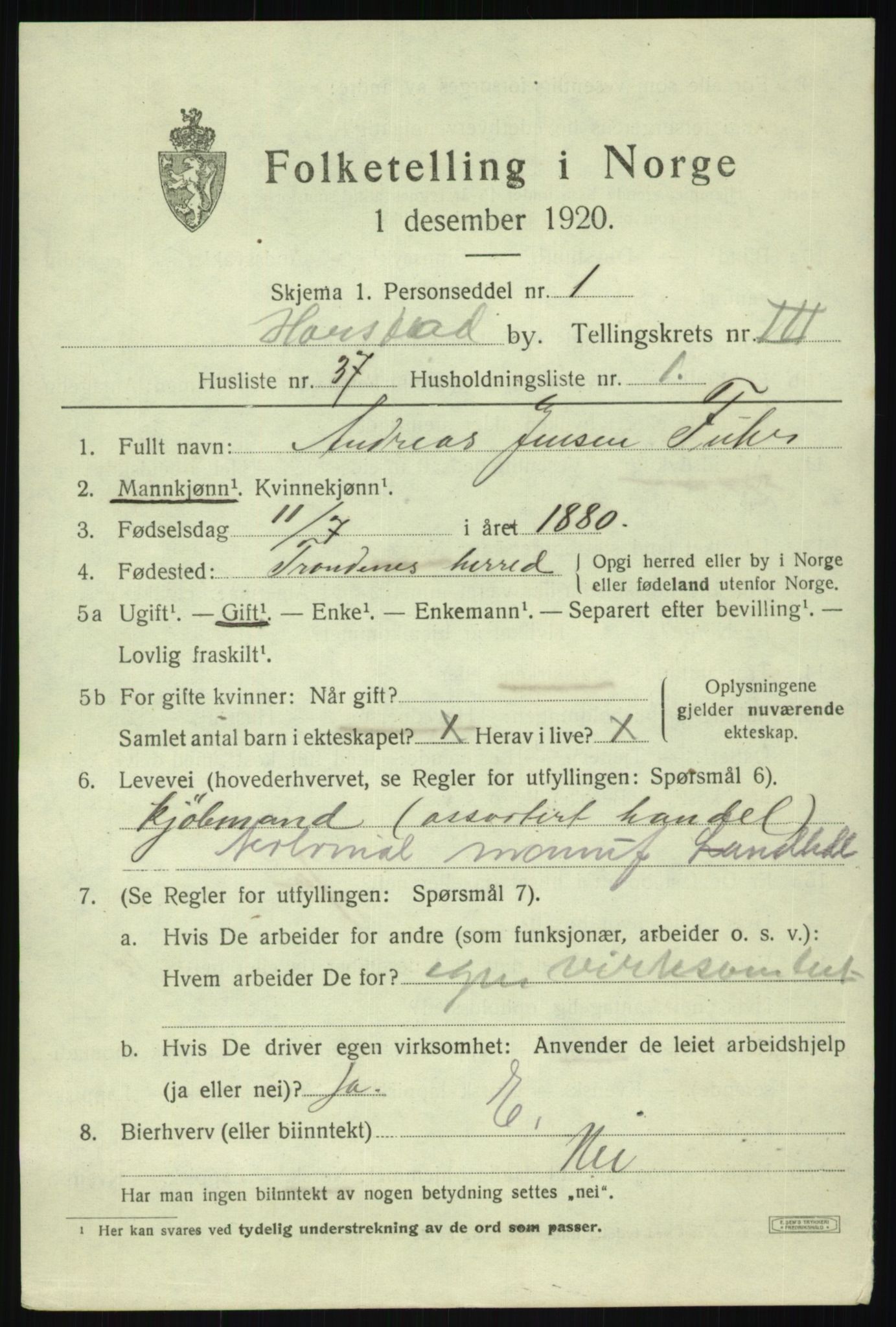 SATØ, Folketelling 1920 for 1901 Harstad ladested, 1920, s. 4882