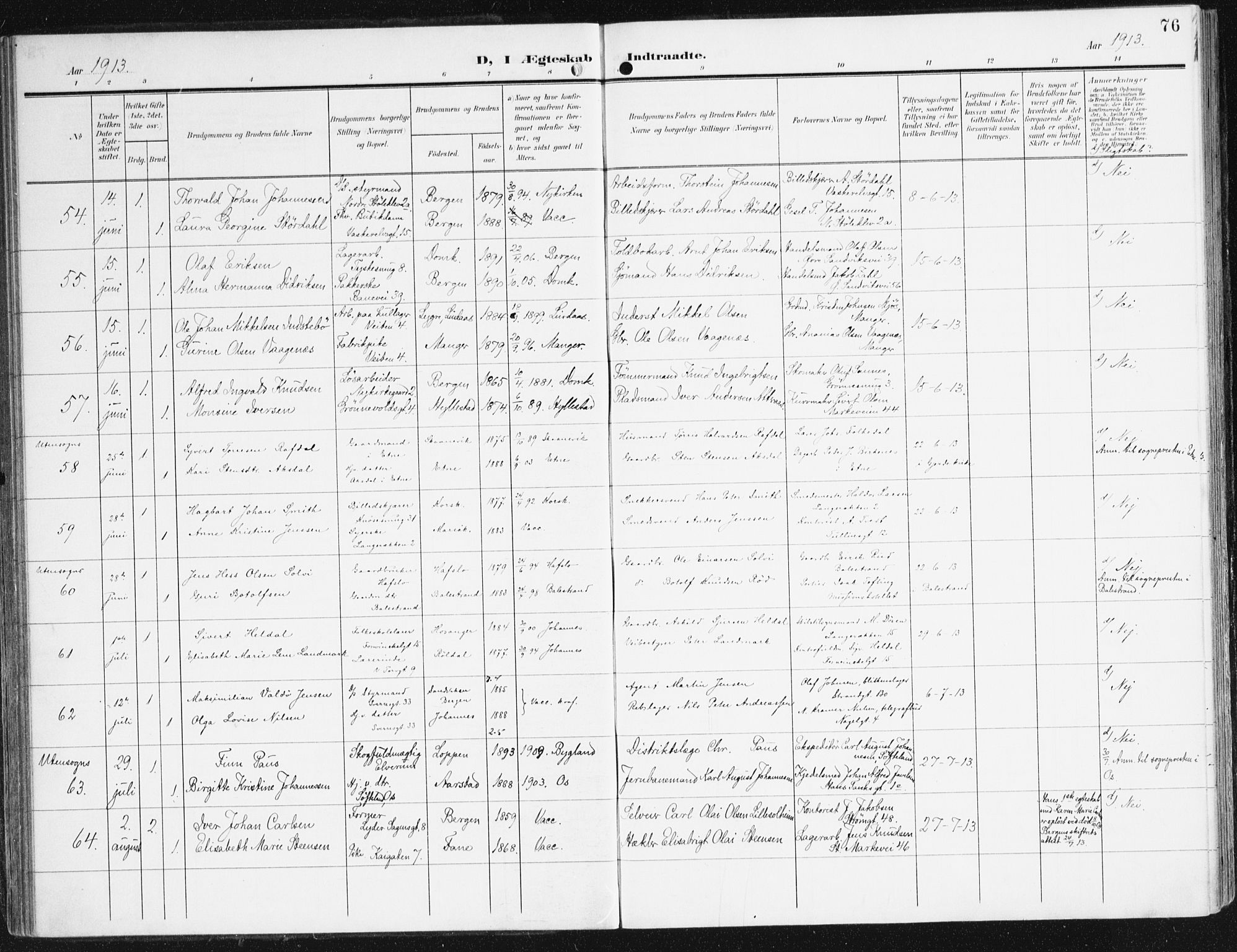 Domkirken sokneprestembete, AV/SAB-A-74801/H/Haa/L0038: Ministerialbok nr. D 5, 1906-1921, s. 76