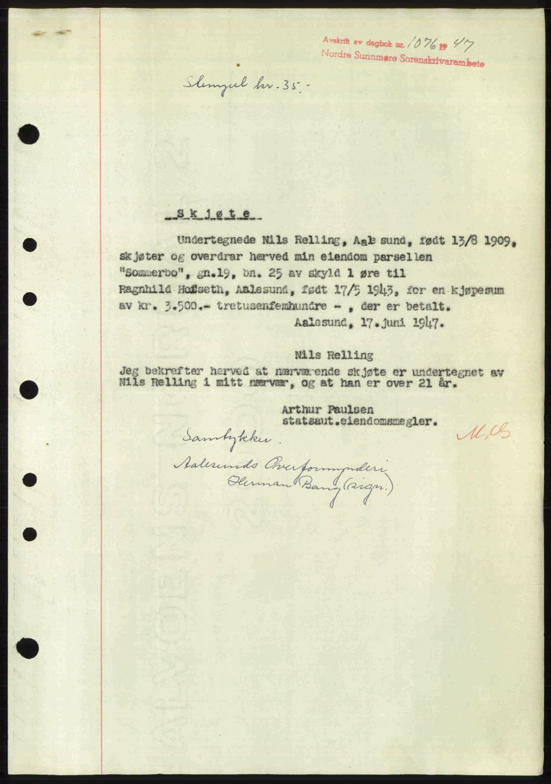 Nordre Sunnmøre sorenskriveri, SAT/A-0006/1/2/2C/2Ca: Pantebok nr. A24, 1947-1947, Dagboknr: 1076/1947