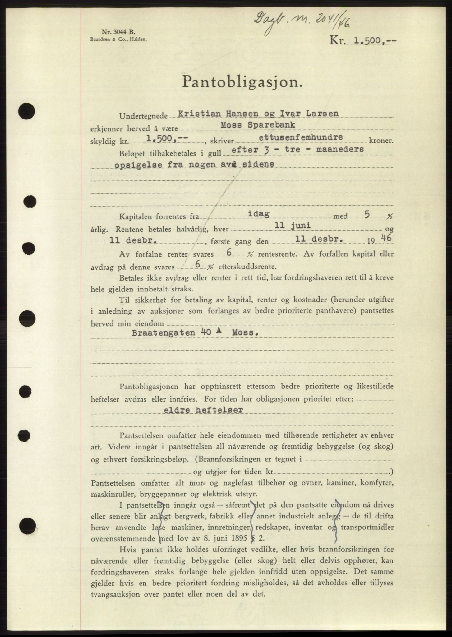 Moss sorenskriveri, SAO/A-10168: Pantebok nr. B15, 1946-1946, Dagboknr: 2041/1946