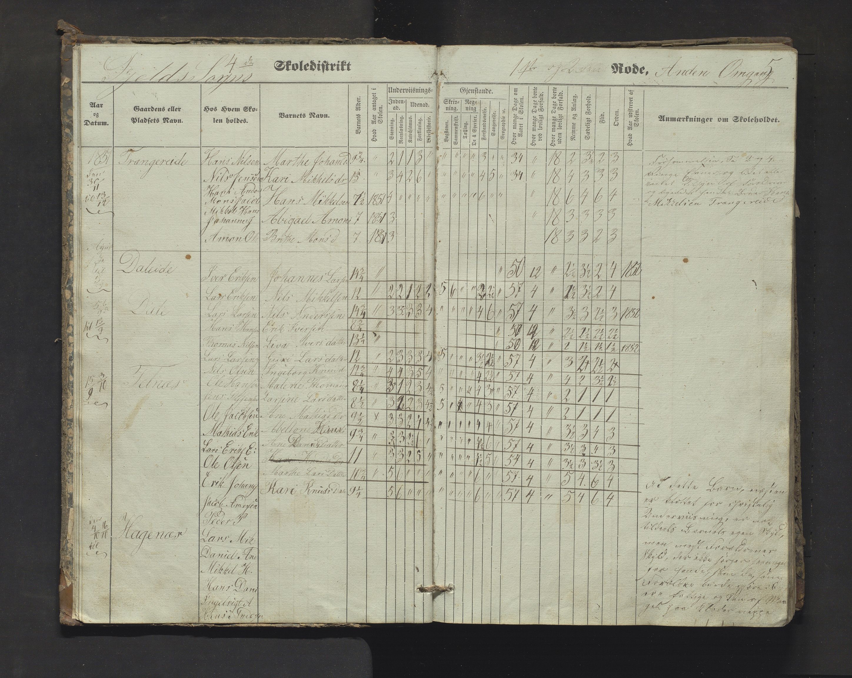 Fjell kommune. Barneskulane, IKAH/1246-231/F/Fa/L0002: Skuleprotokoll for 4. og 2. skuledistrikt, 1851-1859