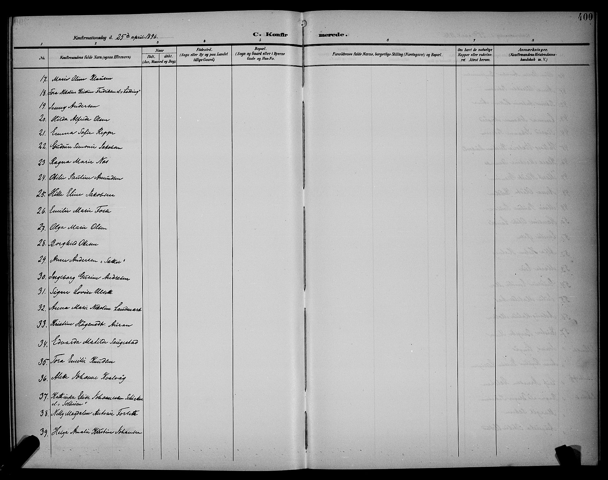 Ministerialprotokoller, klokkerbøker og fødselsregistre - Sør-Trøndelag, AV/SAT-A-1456/604/L0225: Klokkerbok nr. 604C08, 1895-1899, s. 400