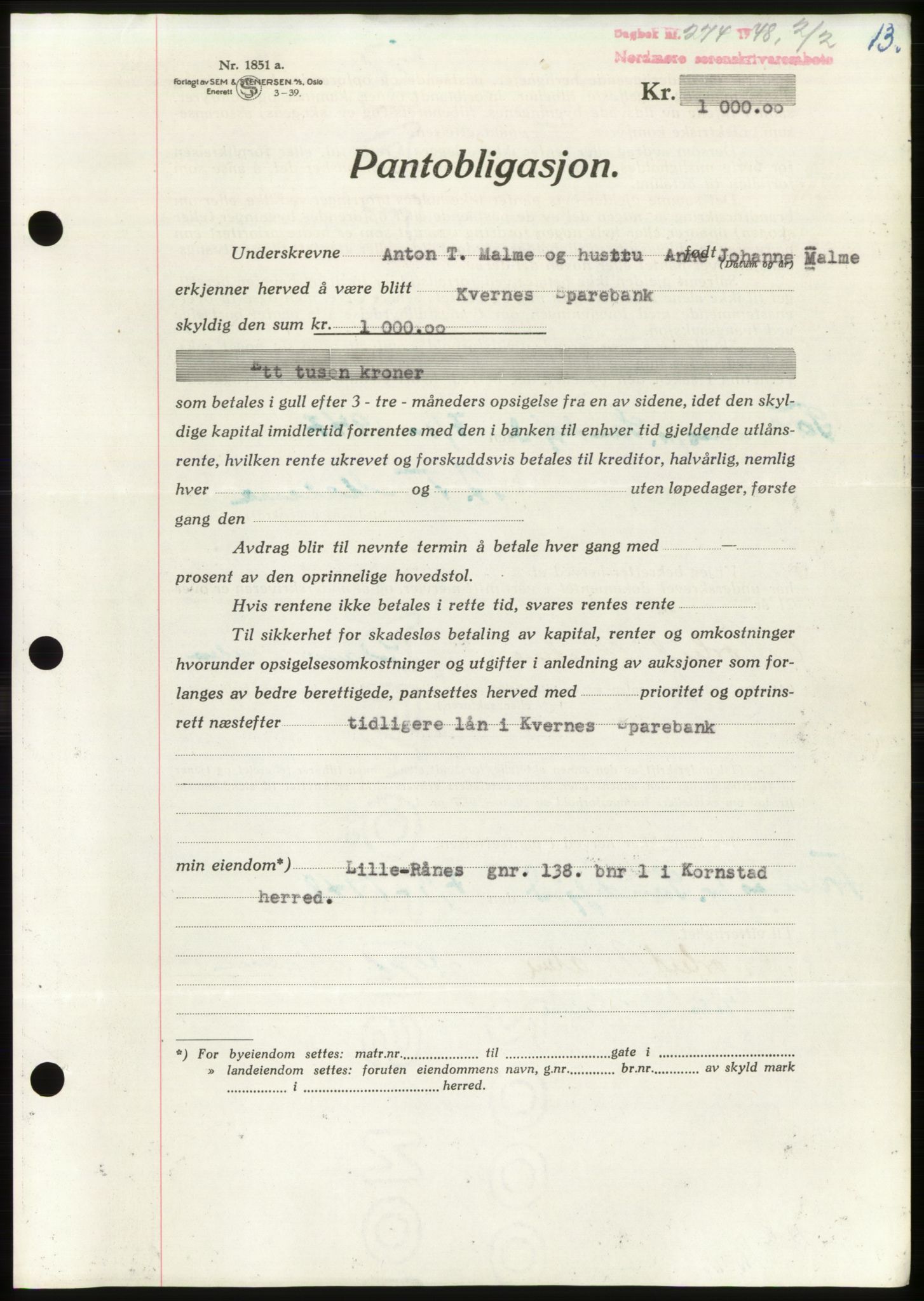 Nordmøre sorenskriveri, SAT/A-4132/1/2/2Ca: Pantebok nr. B98, 1948-1948, Dagboknr: 274/1948