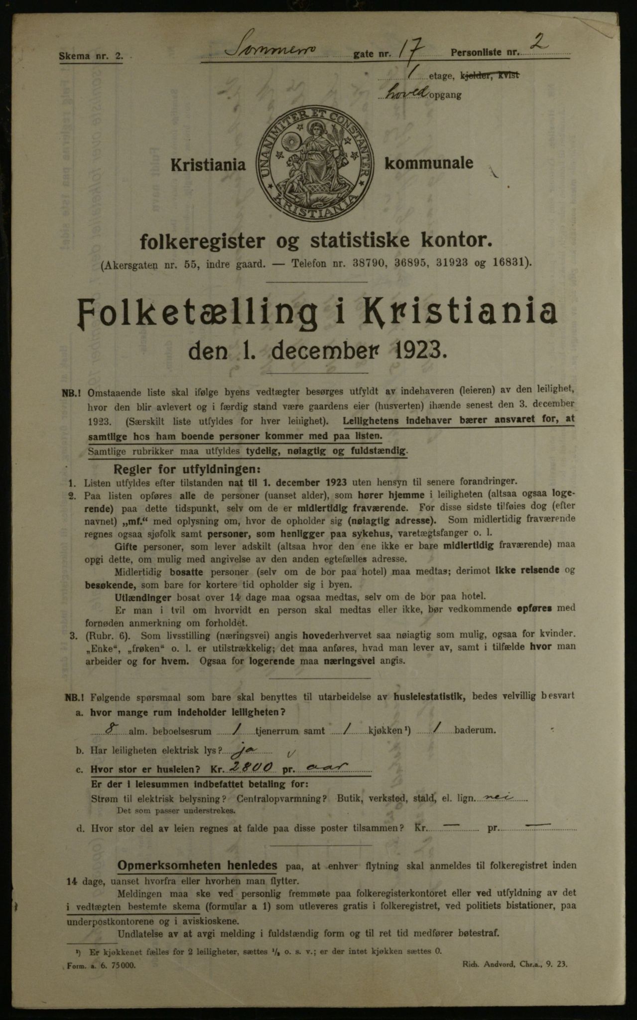 OBA, Kommunal folketelling 1.12.1923 for Kristiania, 1923, s. 109885